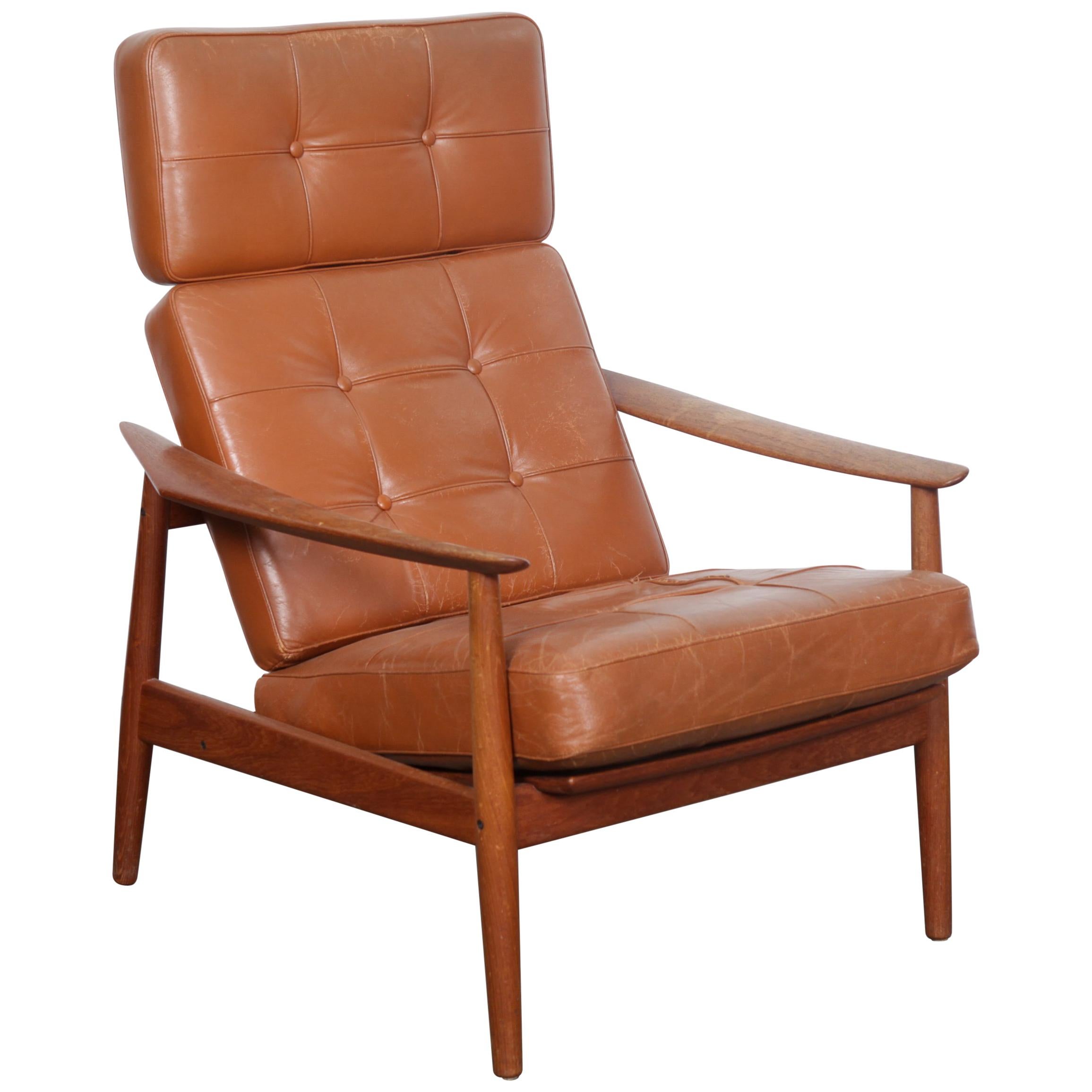 All Original Arne Vodder Leather Lounge Chair with Teak Frame, Denmark