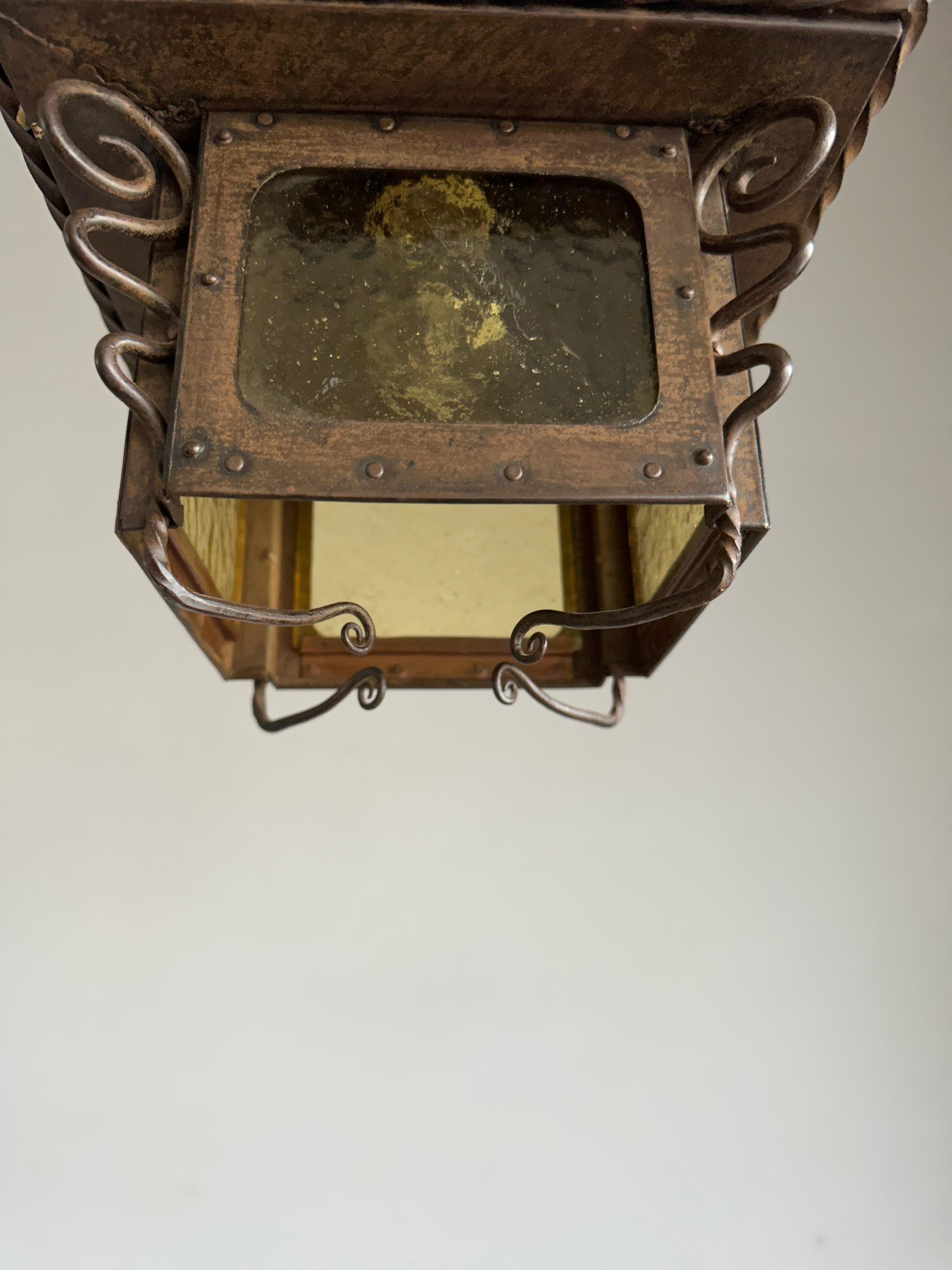 All Original Arts and Crafts Iron Lantern / Pendant w. Cathedral Glass & Rivets For Sale 5