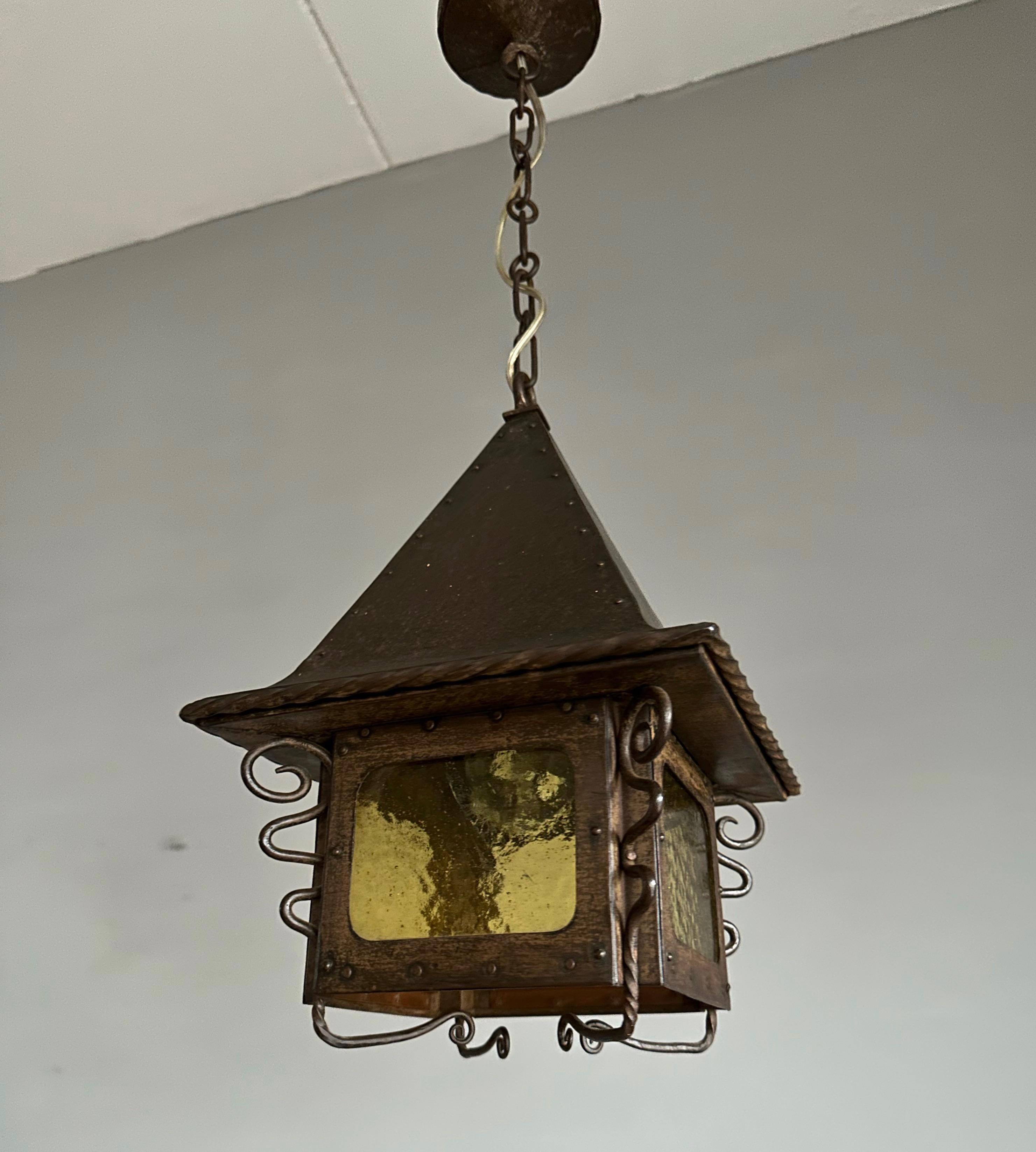 All Original Arts and Crafts Iron Lantern / Pendant w. Cathedral Glass & Rivets For Sale 6