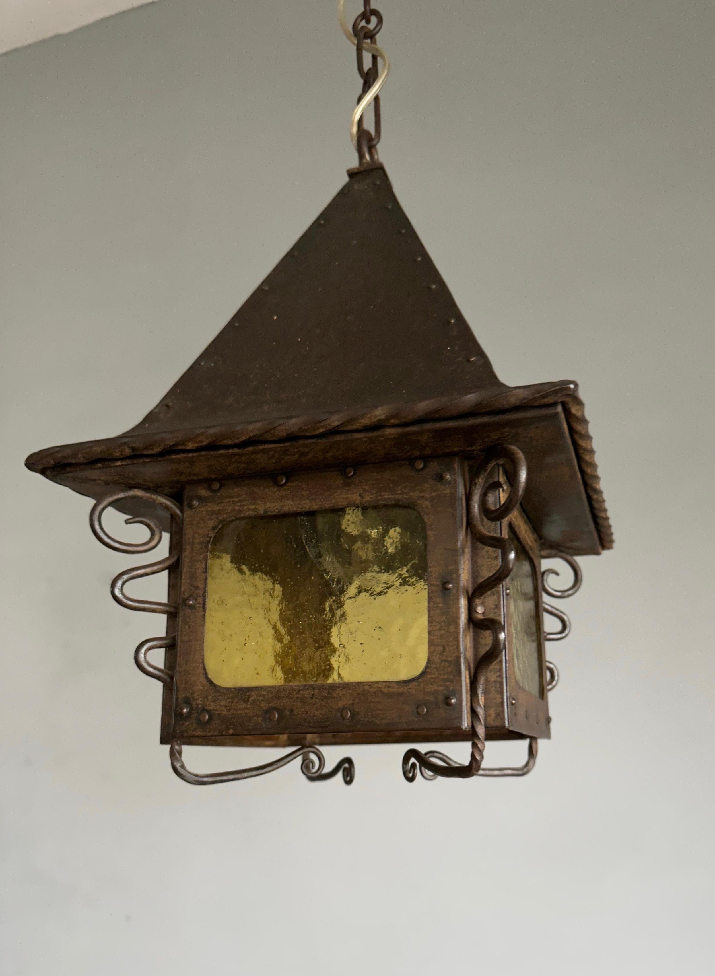 All Original Arts and Crafts Iron Lantern / Pendant w. Cathedral Glass & Rivets For Sale 7