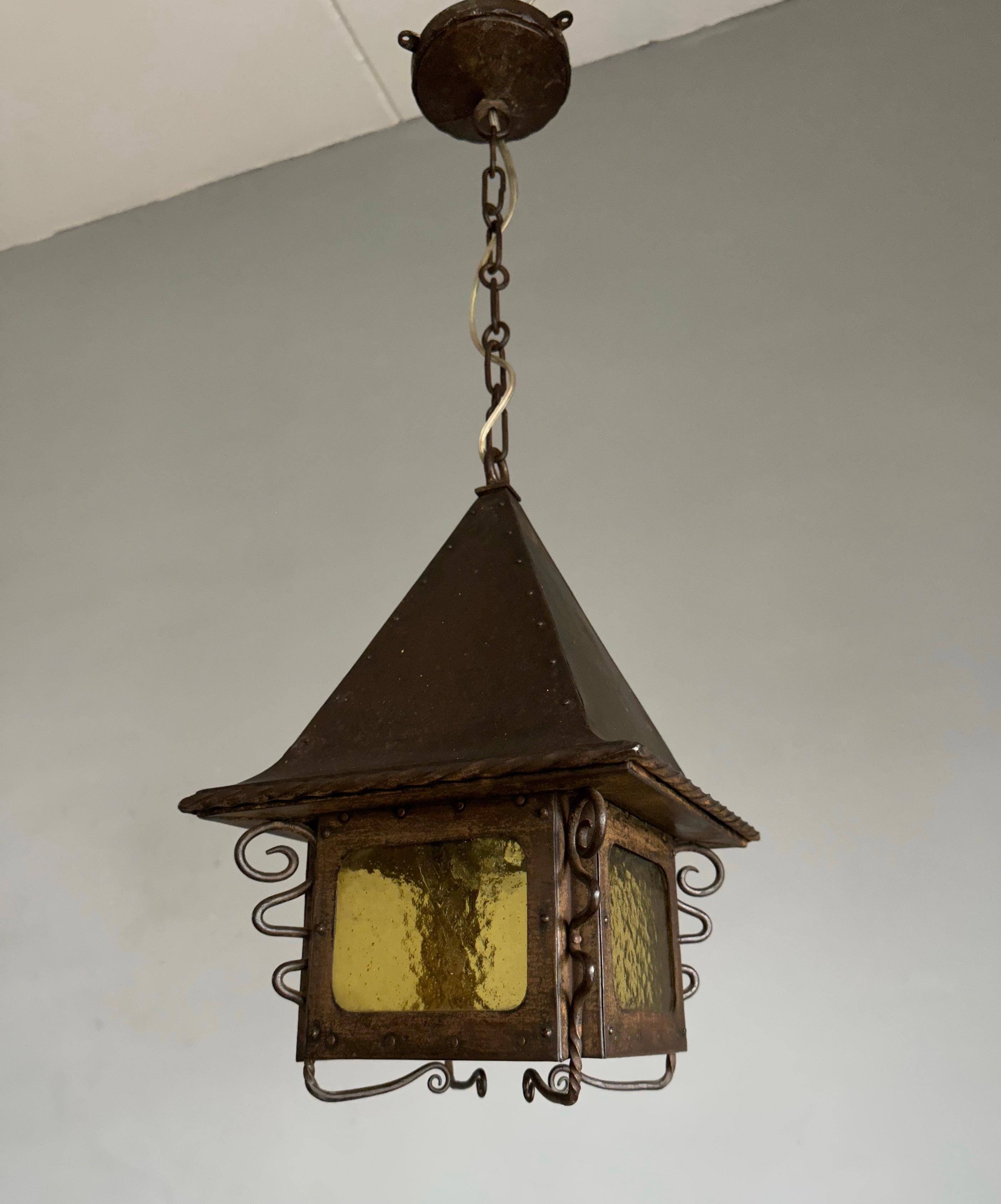 All Original Arts and Crafts Iron Lantern / Pendant w. Cathedral Glass & Rivets For Sale 8