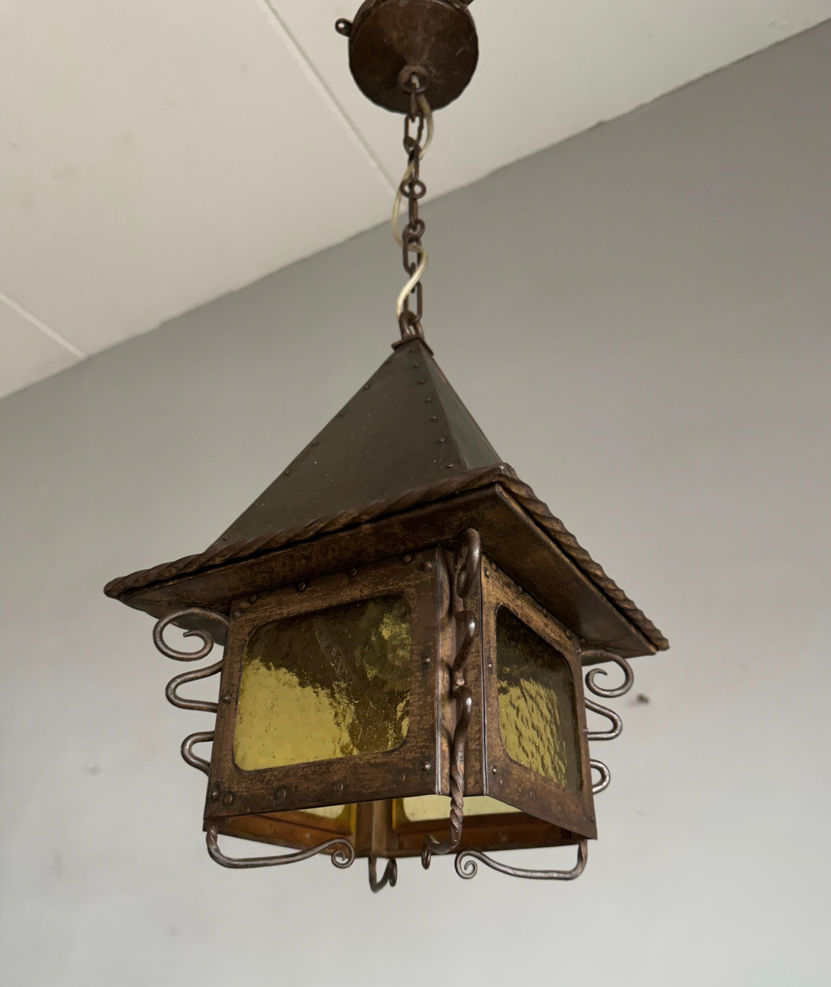 European All Original Arts and Crafts Iron Lantern / Pendant w. Cathedral Glass & Rivets For Sale