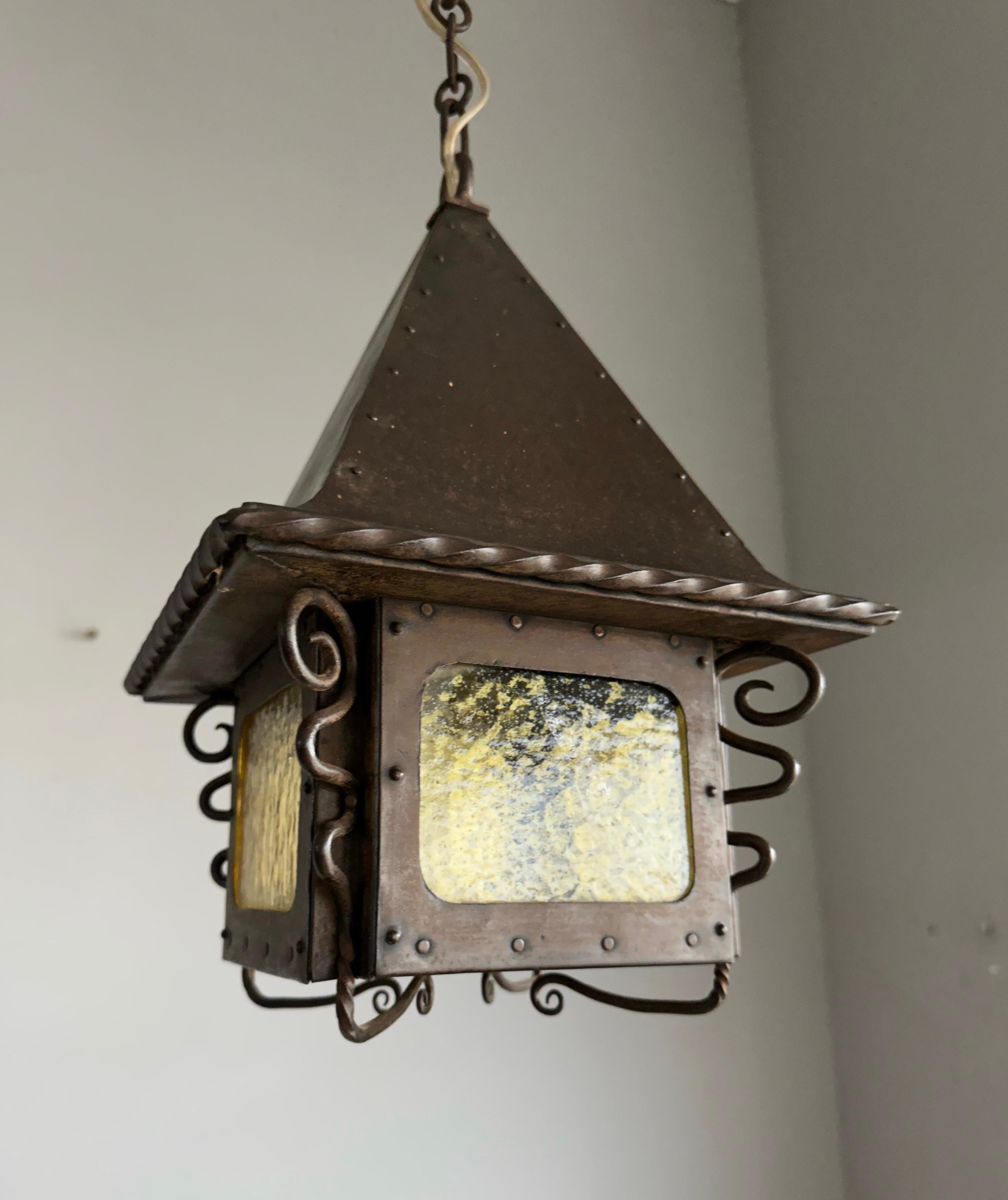 Patinated All Original Arts and Crafts Iron Lantern / Pendant w. Cathedral Glass & Rivets For Sale