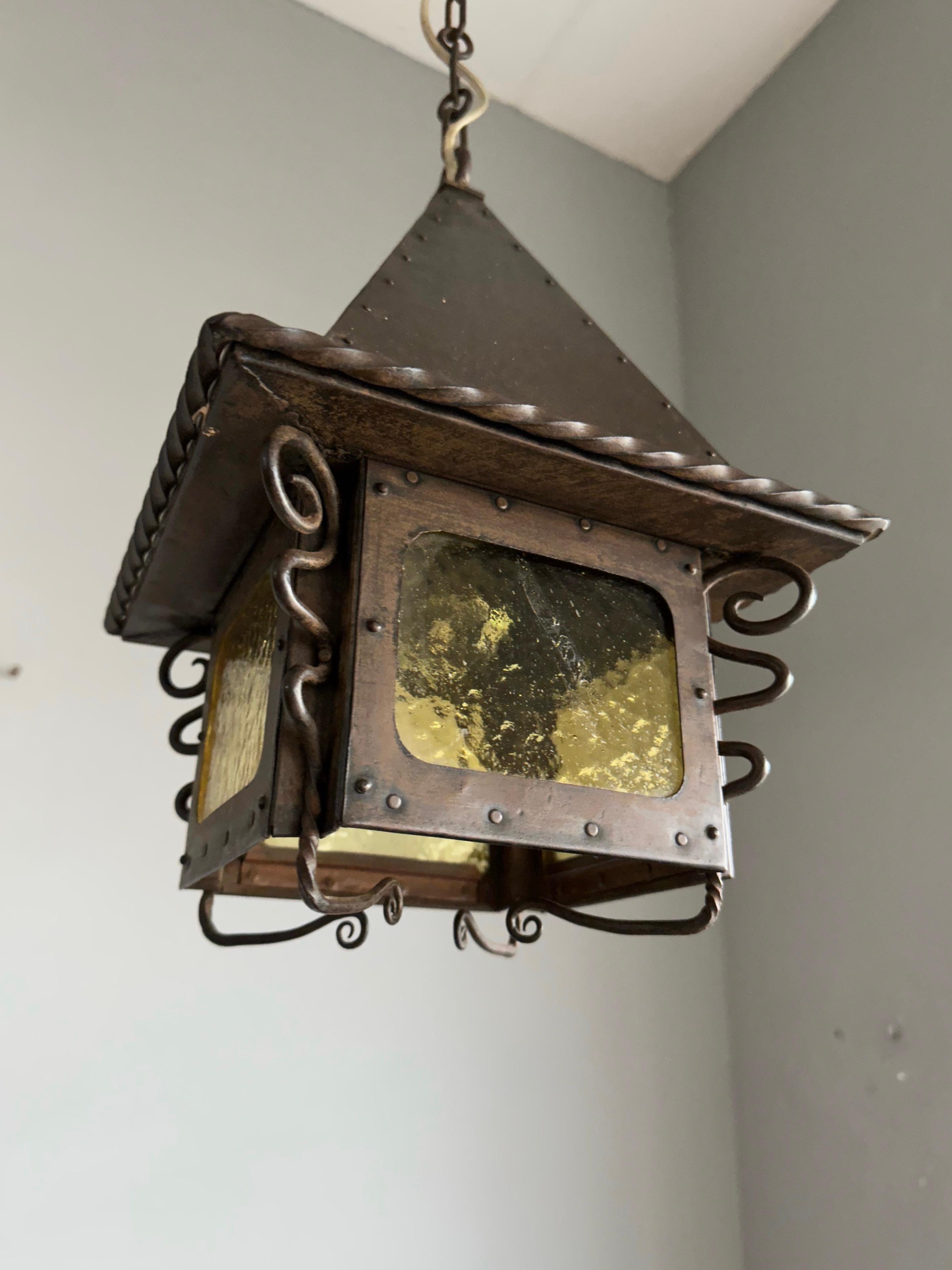 All Original Arts and Crafts Iron Lantern / Pendant w. Cathedral Glass & Rivets For Sale 2