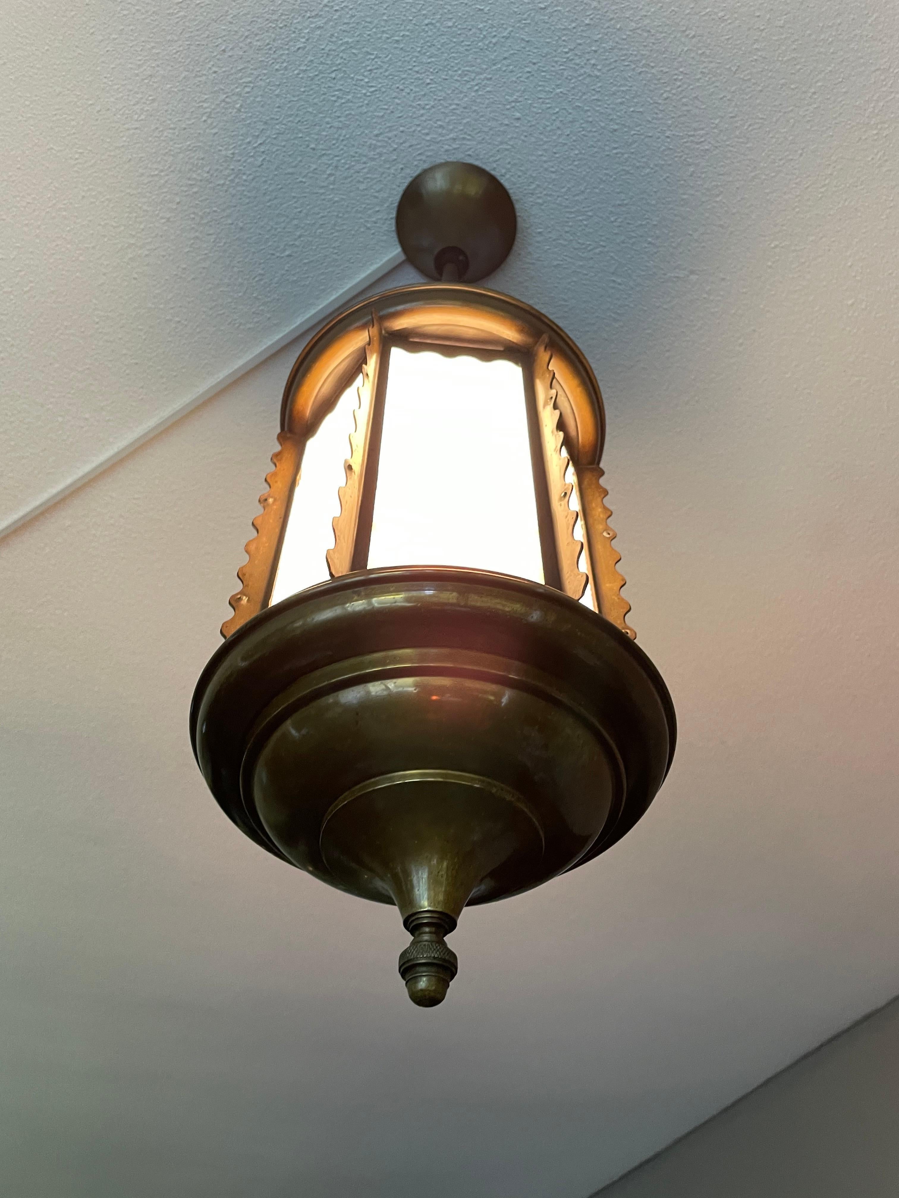 Brass All Original Arts and Crafts Lantern / Pendant Light with Opalescent Blue Glass
