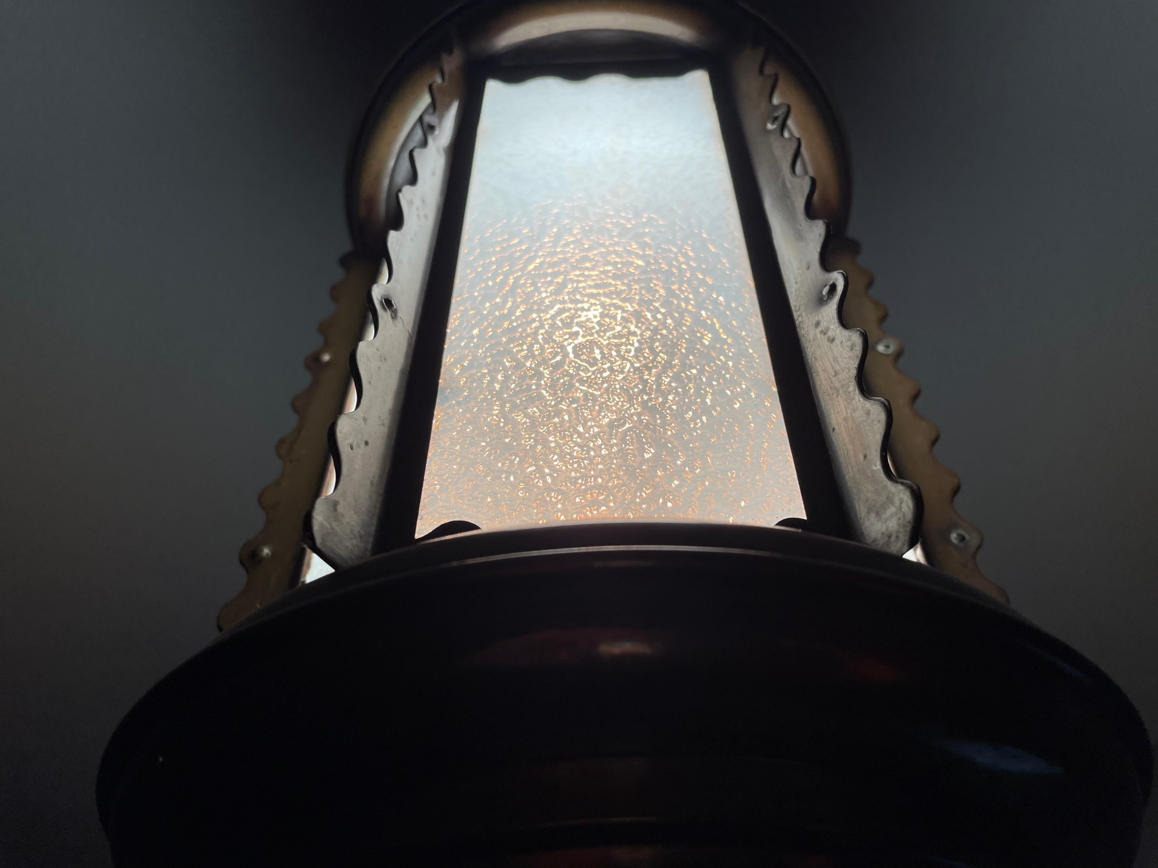 All Original Arts and Crafts Lantern / Pendant Light with Opalescent Blue Glass 5