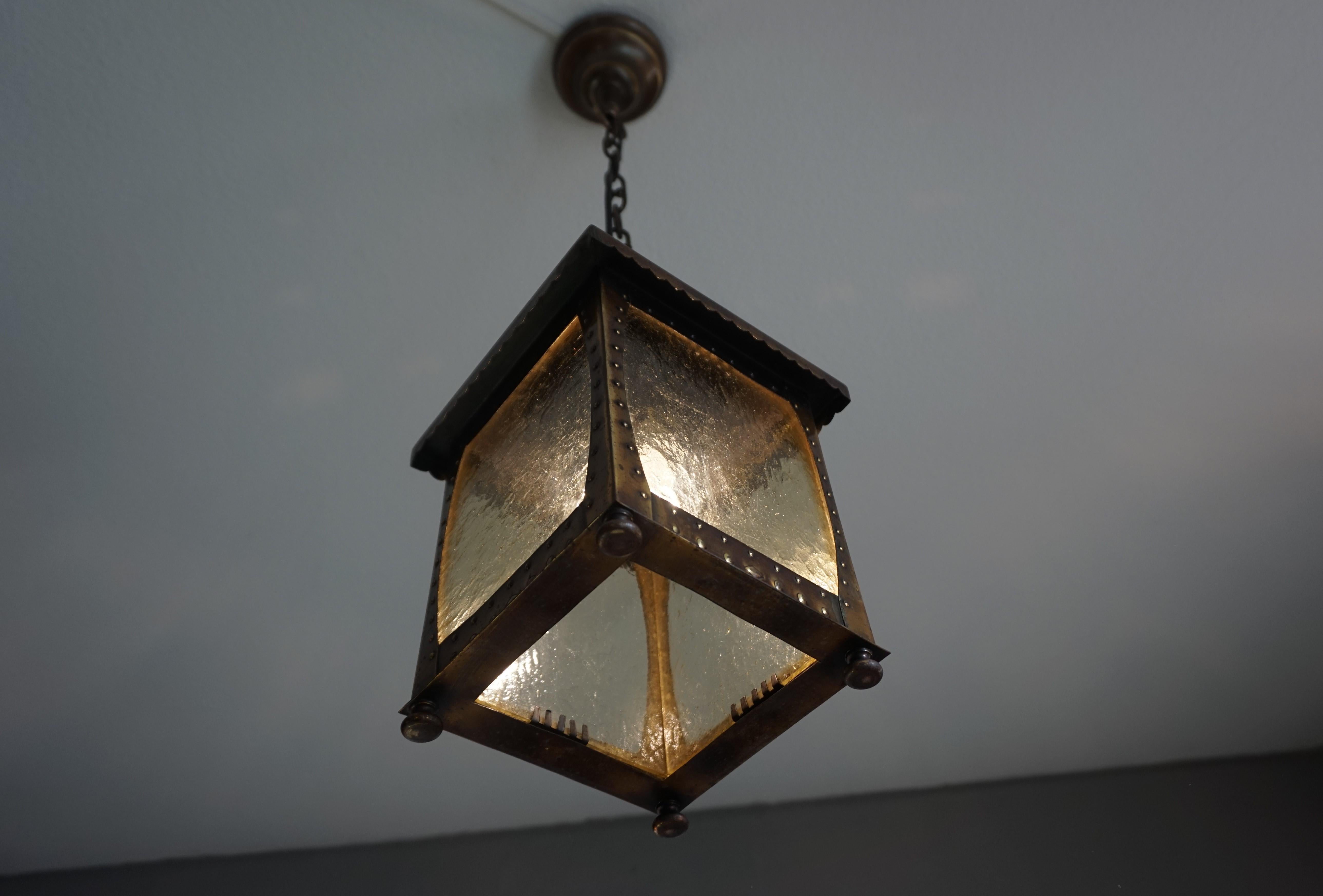 All Original Arts and Crafts Lantern Shape Pendant with Cathedral Glass & Rivets 4