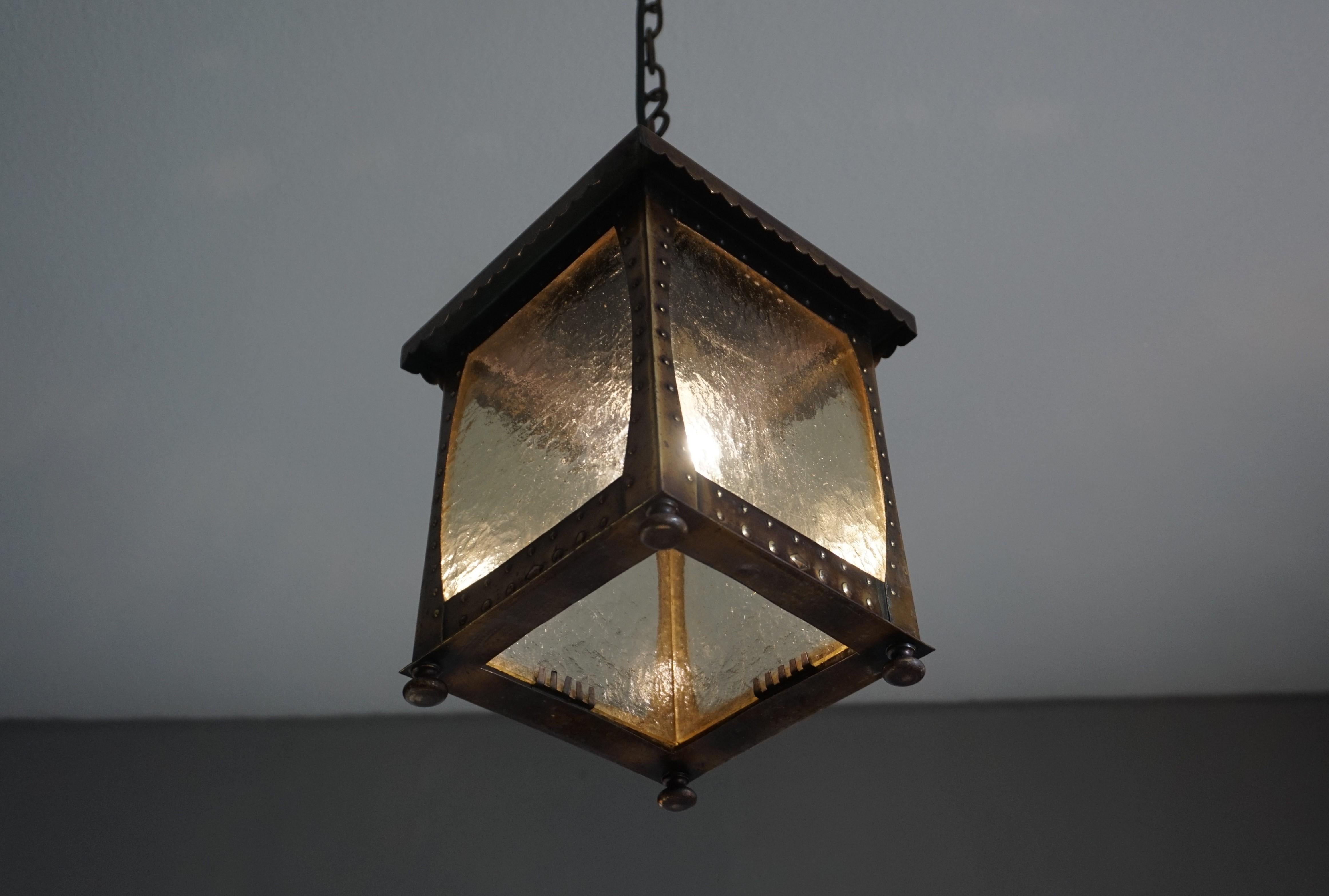All Original Arts and Crafts Lantern Shape Pendant with Cathedral Glass & Rivets 13