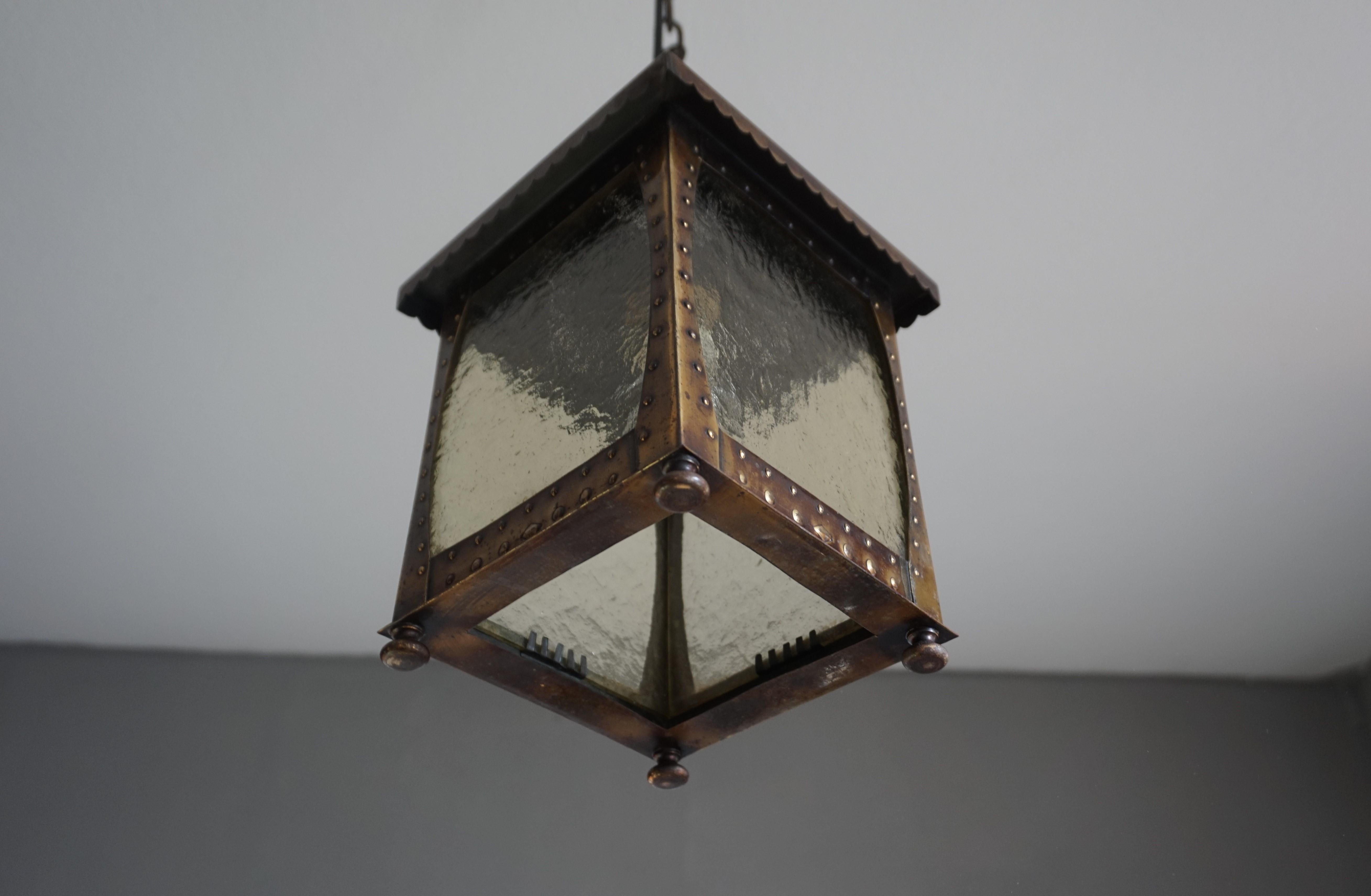 European All Original Arts and Crafts Lantern Shape Pendant with Cathedral Glass & Rivets