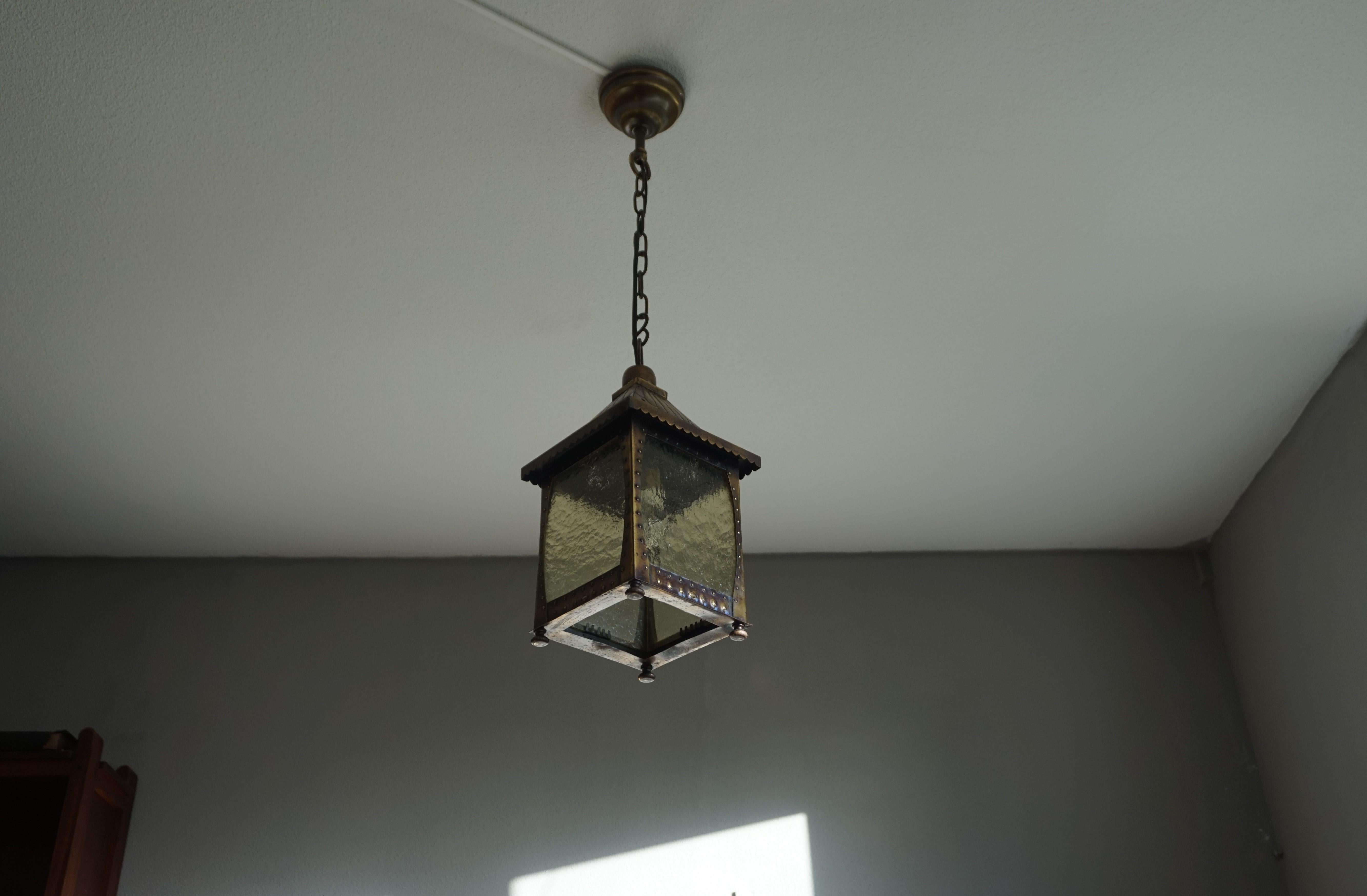 Hand-Crafted All Original Arts and Crafts Lantern Shape Pendant with Cathedral Glass & Rivets