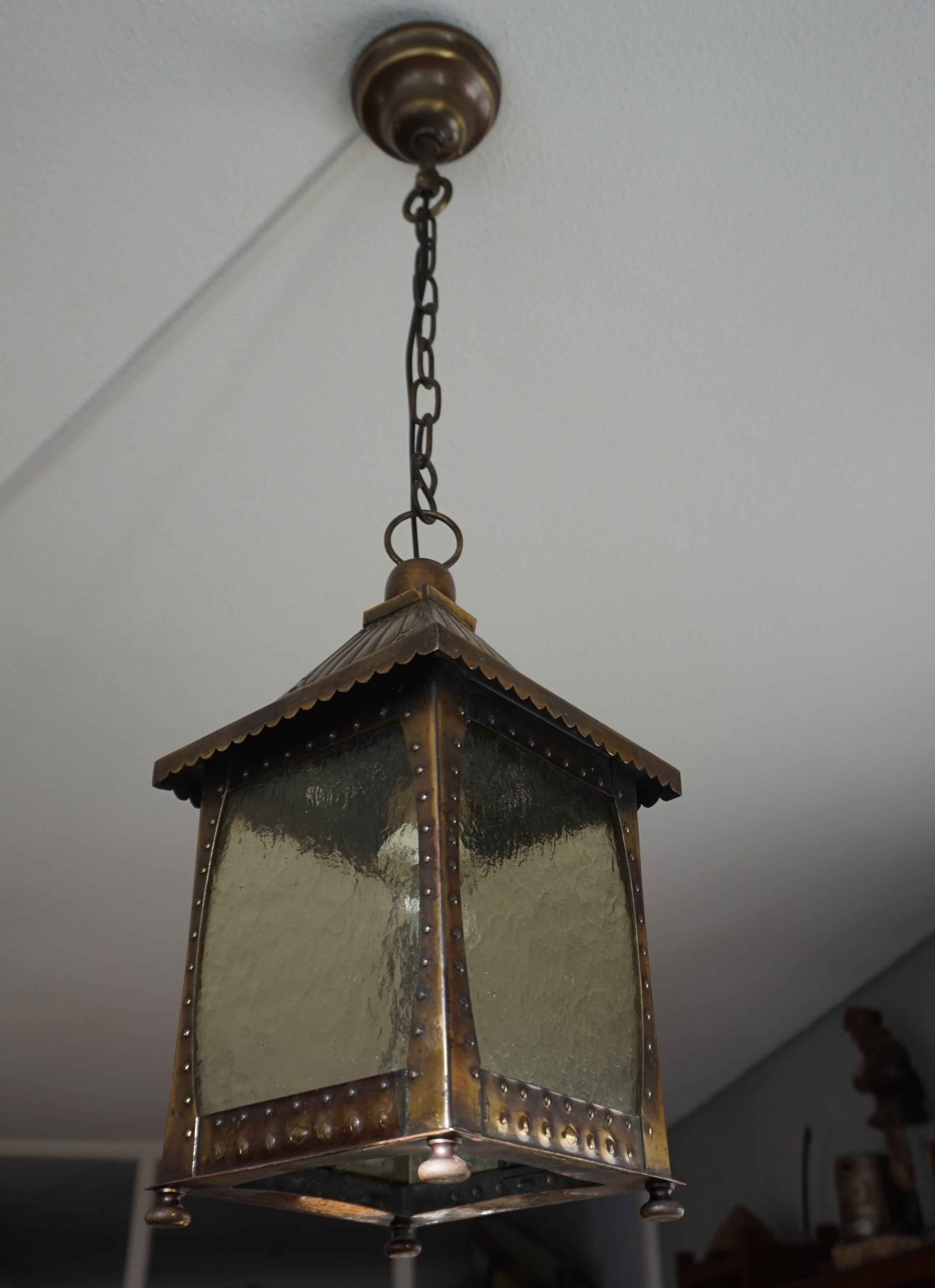 20th Century All Original Arts and Crafts Lantern Shape Pendant with Cathedral Glass & Rivets