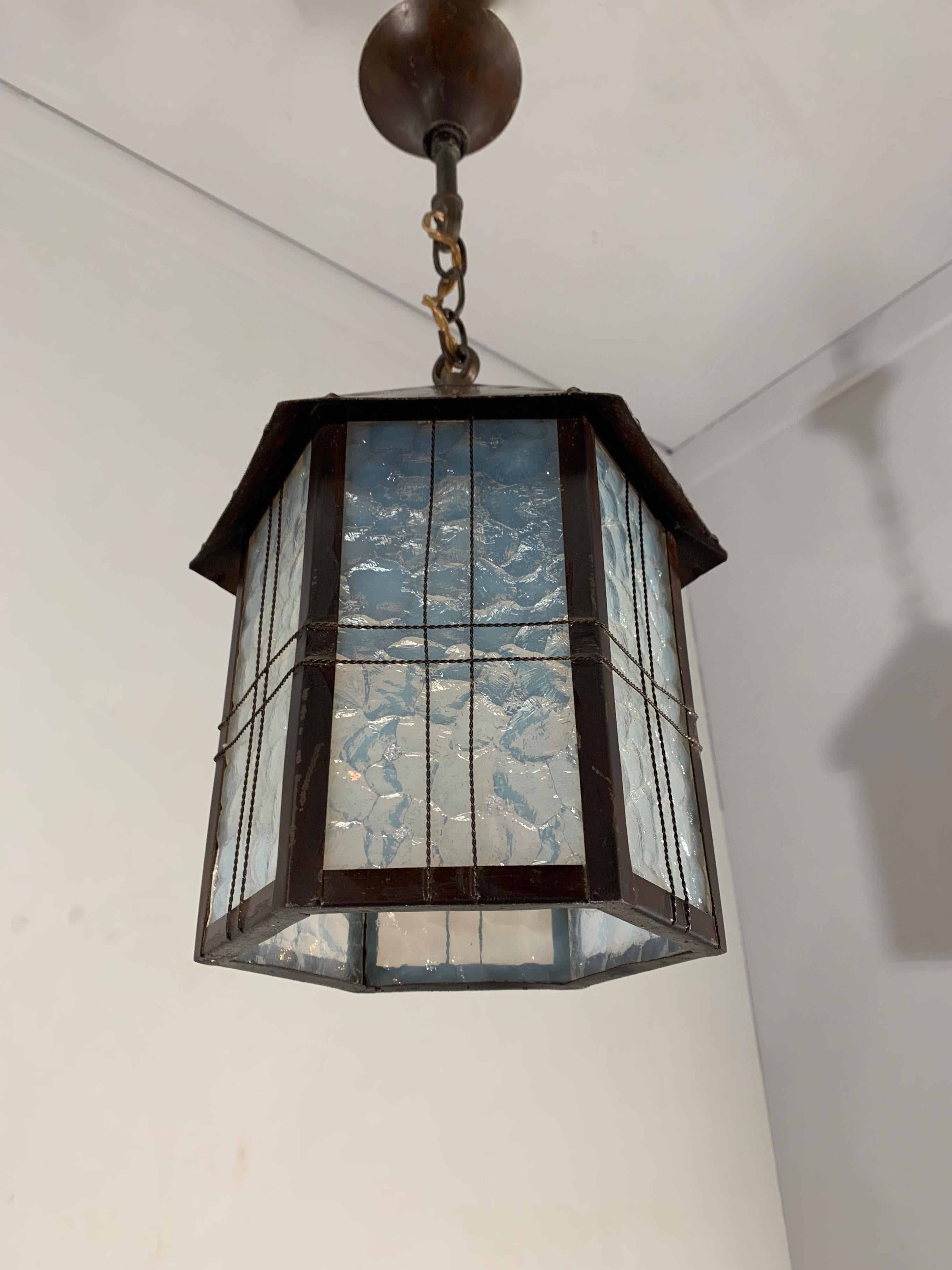 All Original Arts & Crafts Lantern Shape Pendant with Opalescent Blue Glass 3