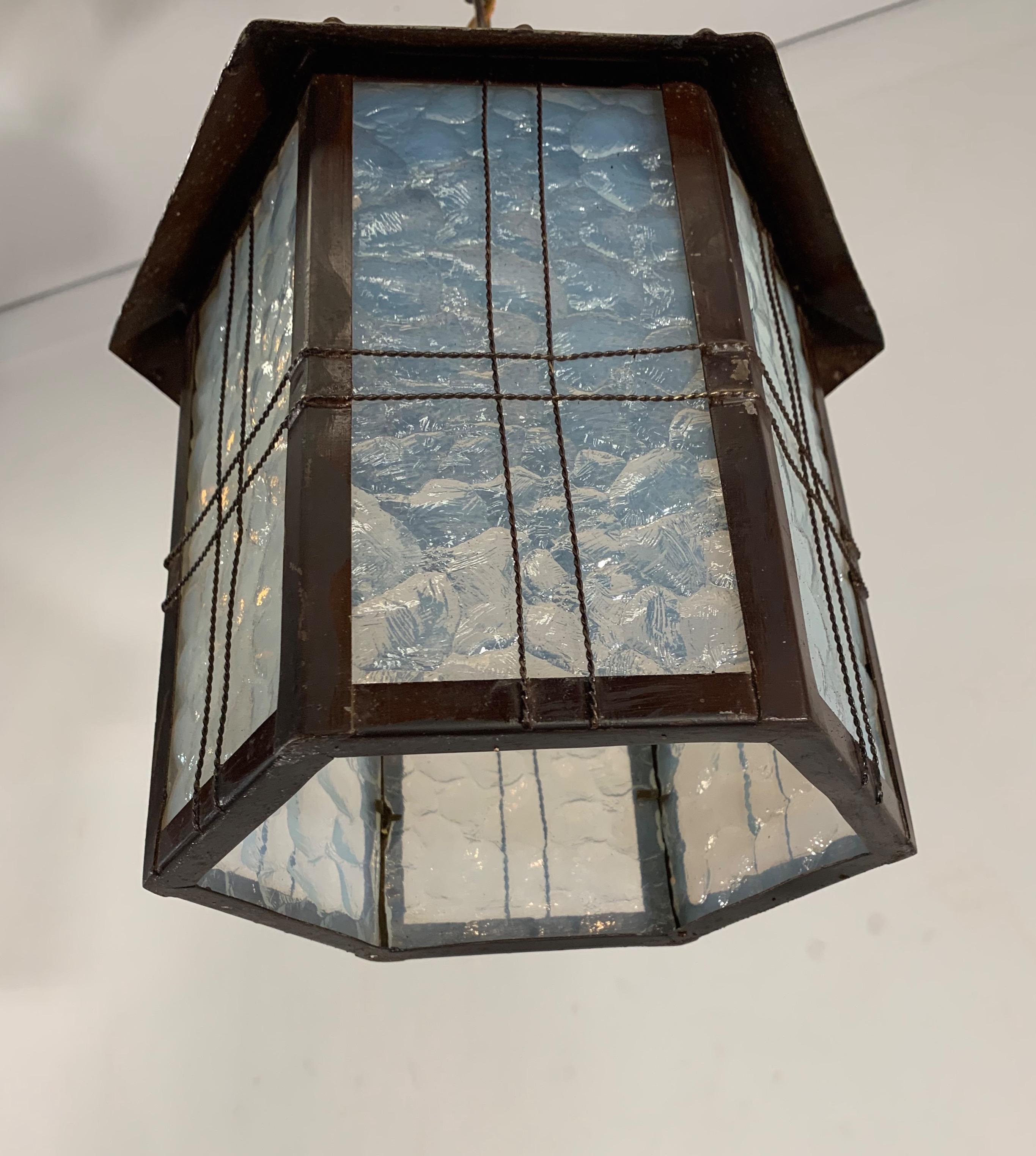 All Original Arts & Crafts Lantern Shape Pendant with Opalescent Blue Glass 1