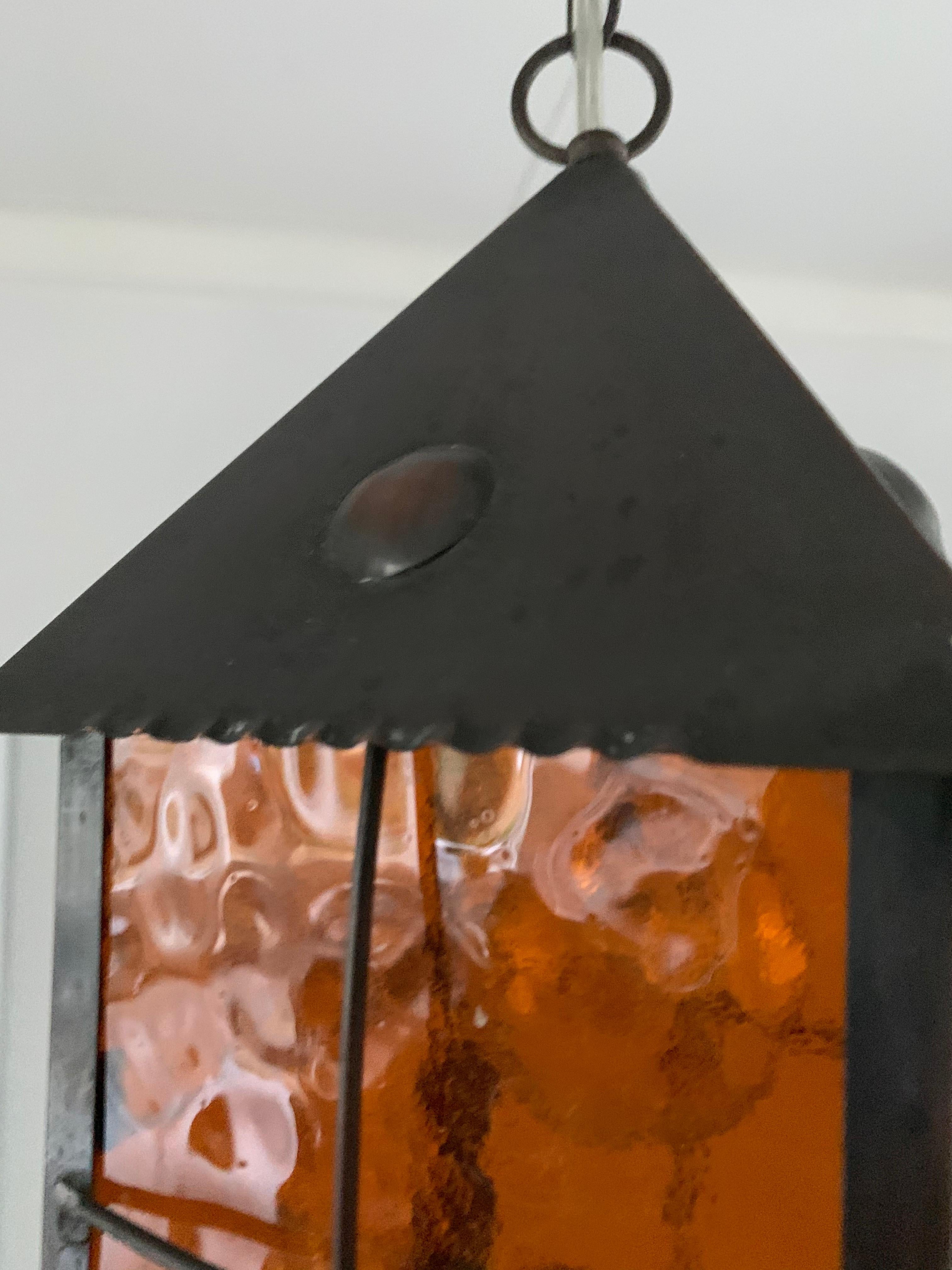 European All Original Arts & Crafts Lantern Shape Pendant with Warm Color Amber Glass