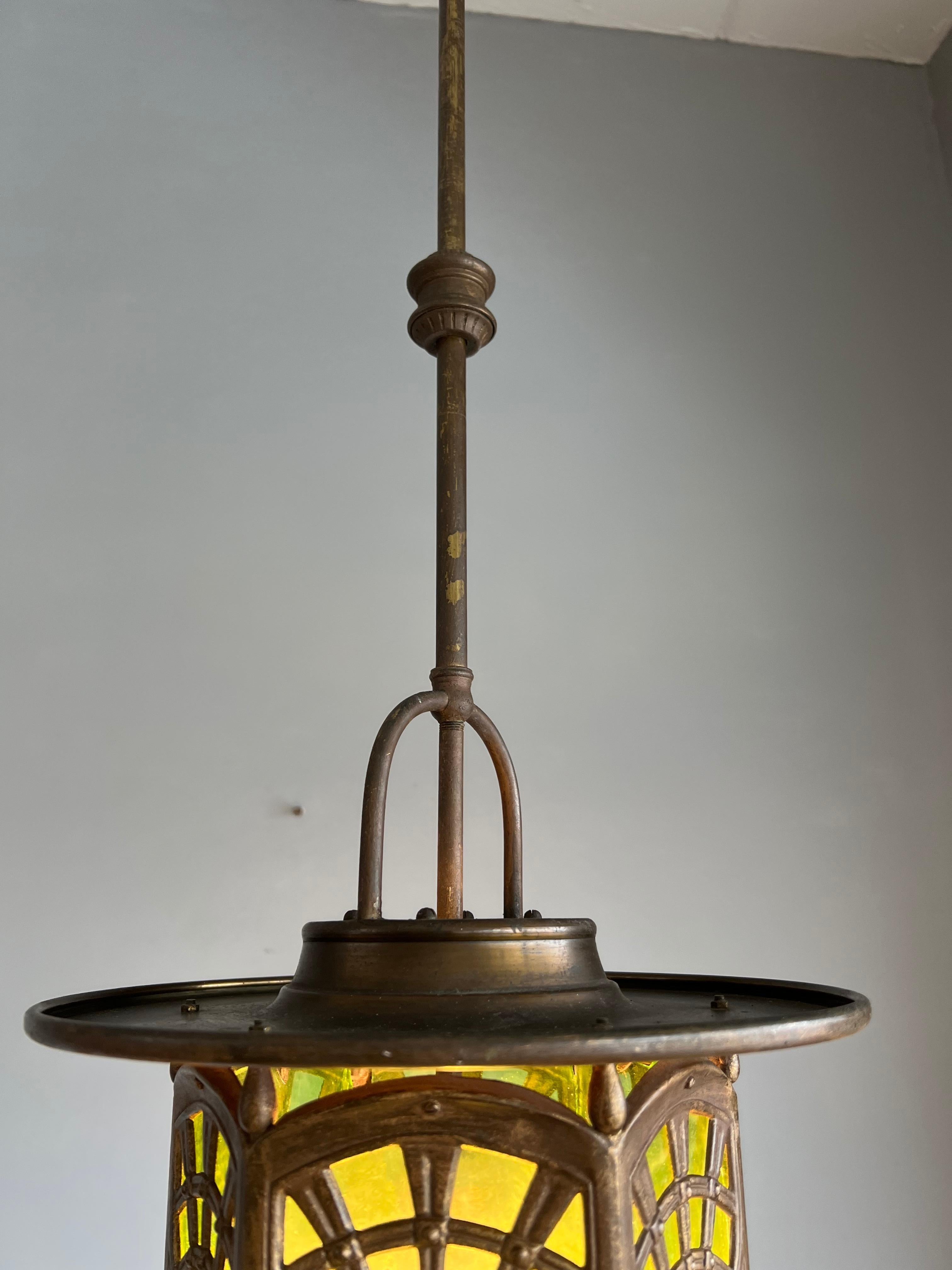 All Original Arts & Crafts Lantern Shape Pendant with Two Colors Cathedral Glass 1