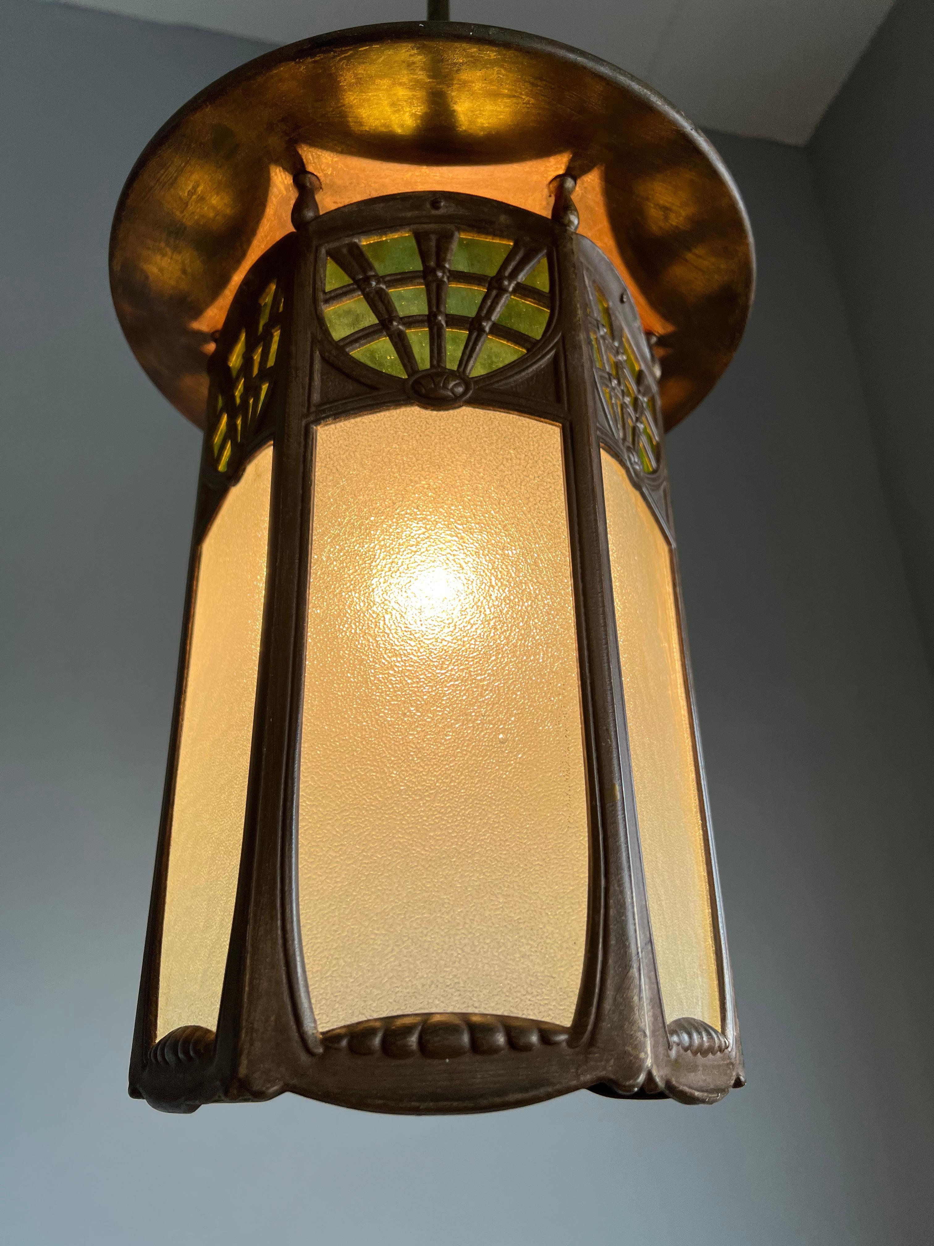 All Original Arts & Crafts Lantern Shape Pendant with Two Colors Cathedral Glass 3