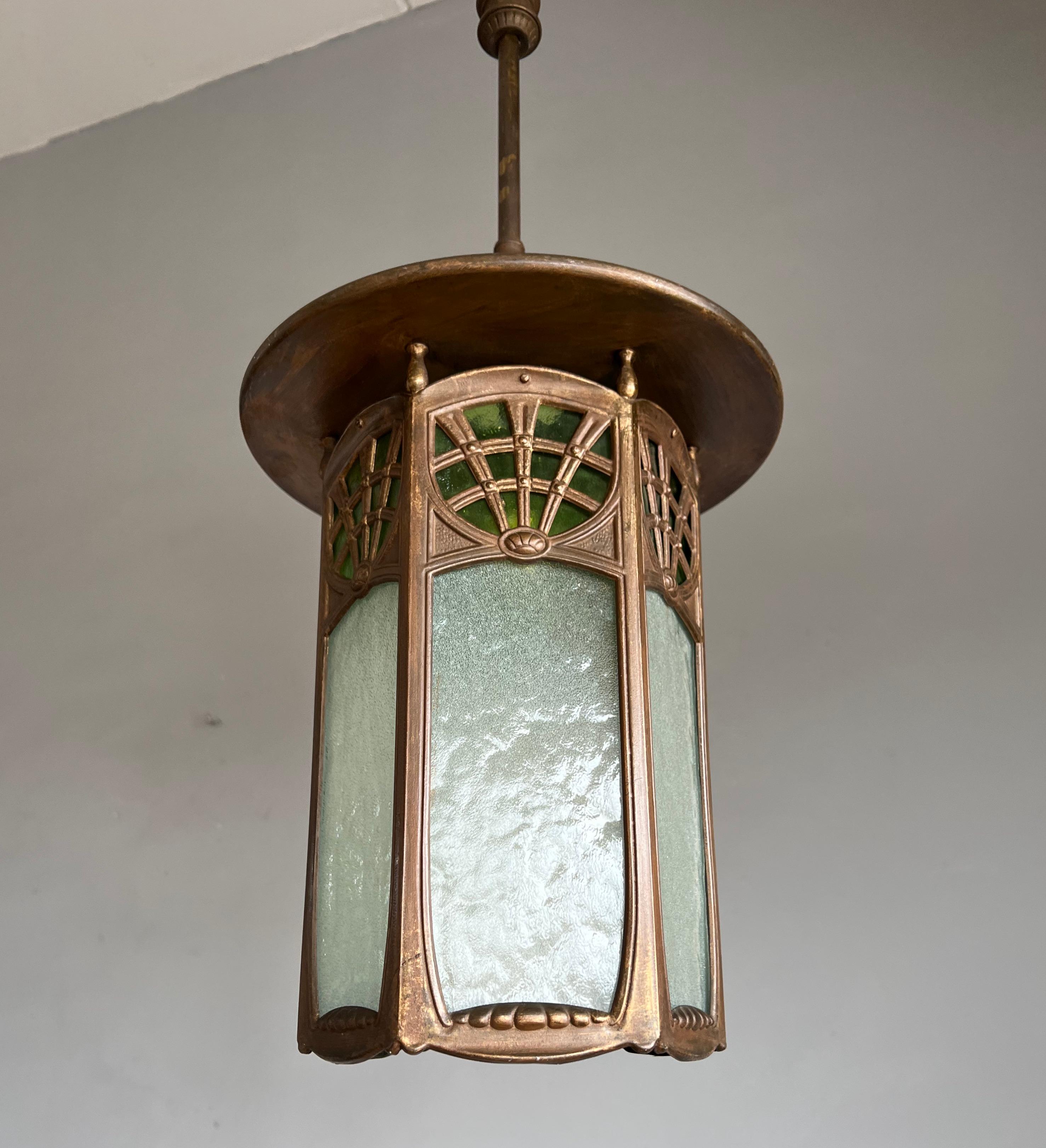 All Original Arts & Crafts Lantern Shape Pendant with Two Colors Cathedral Glass 5