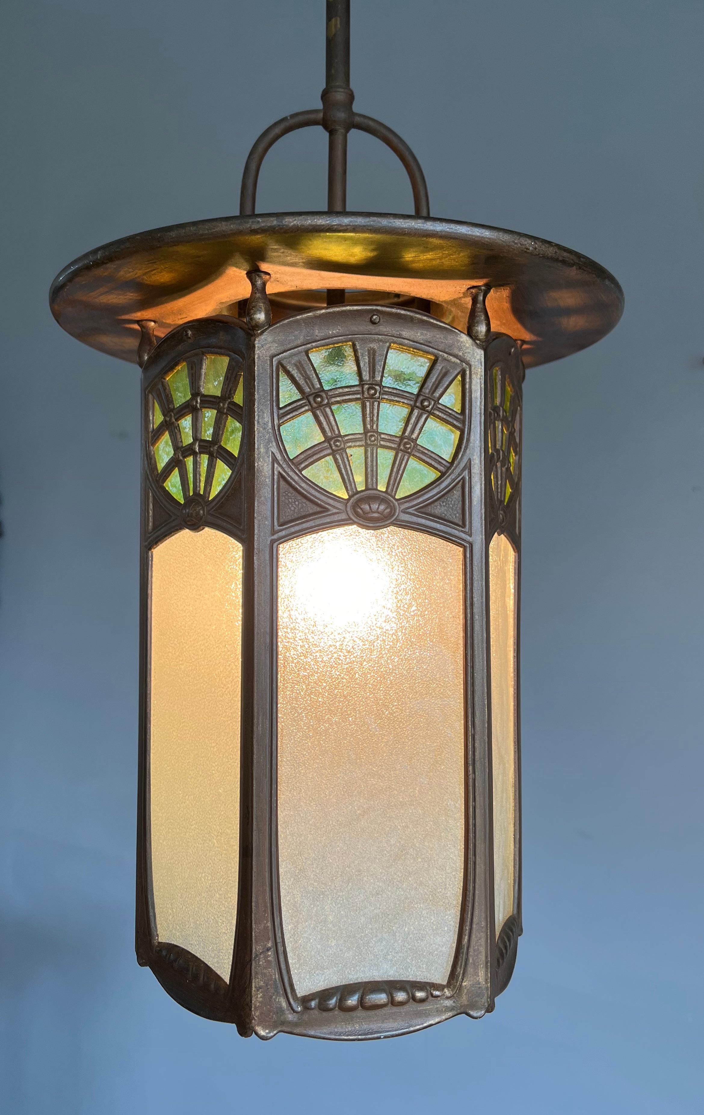 All Original Arts & Crafts Lantern Shape Pendant with Two Colors Cathedral Glass 6