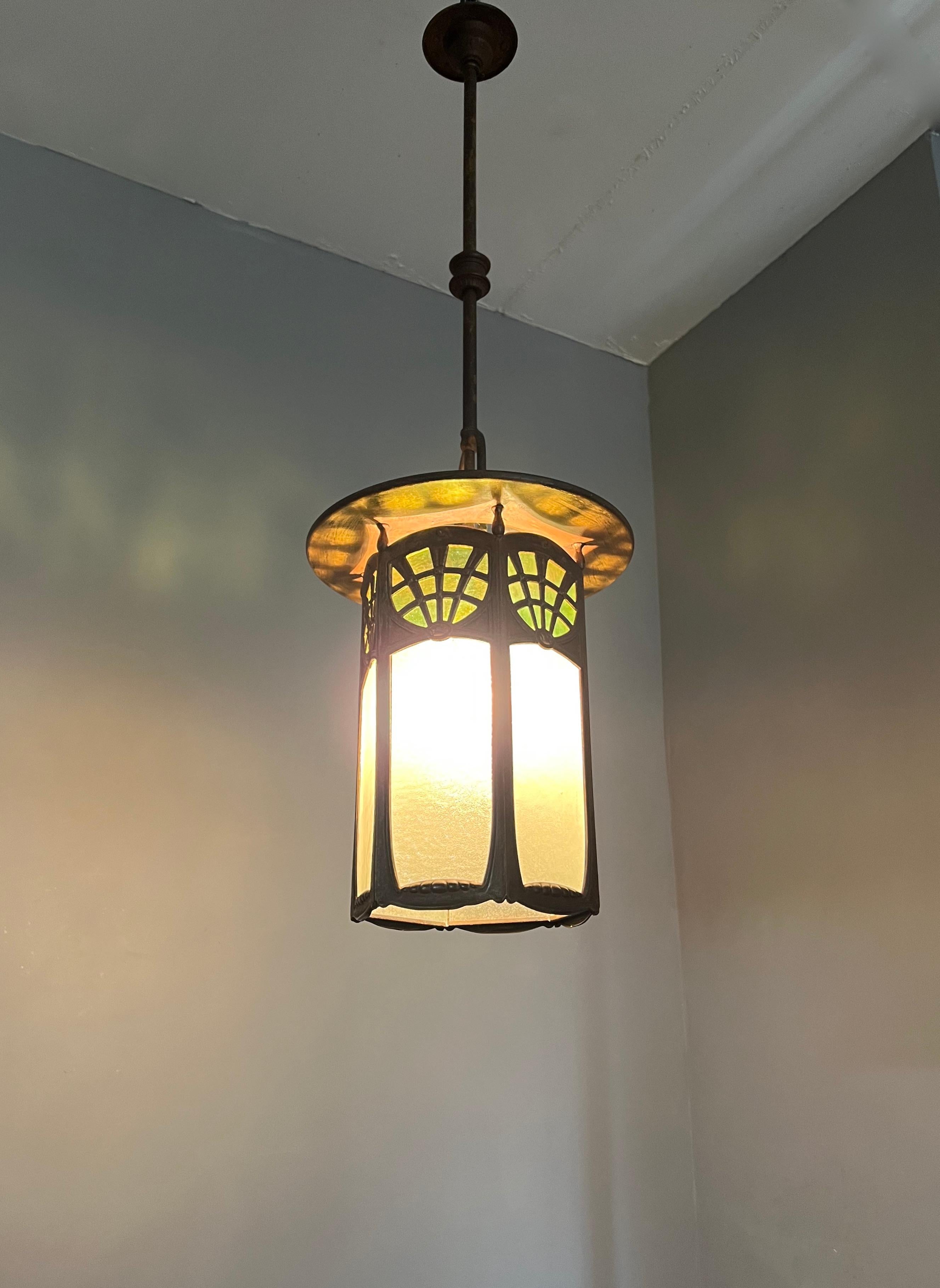 All Original Arts & Crafts Lantern Shape Pendant with Two Colors Cathedral Glass 8