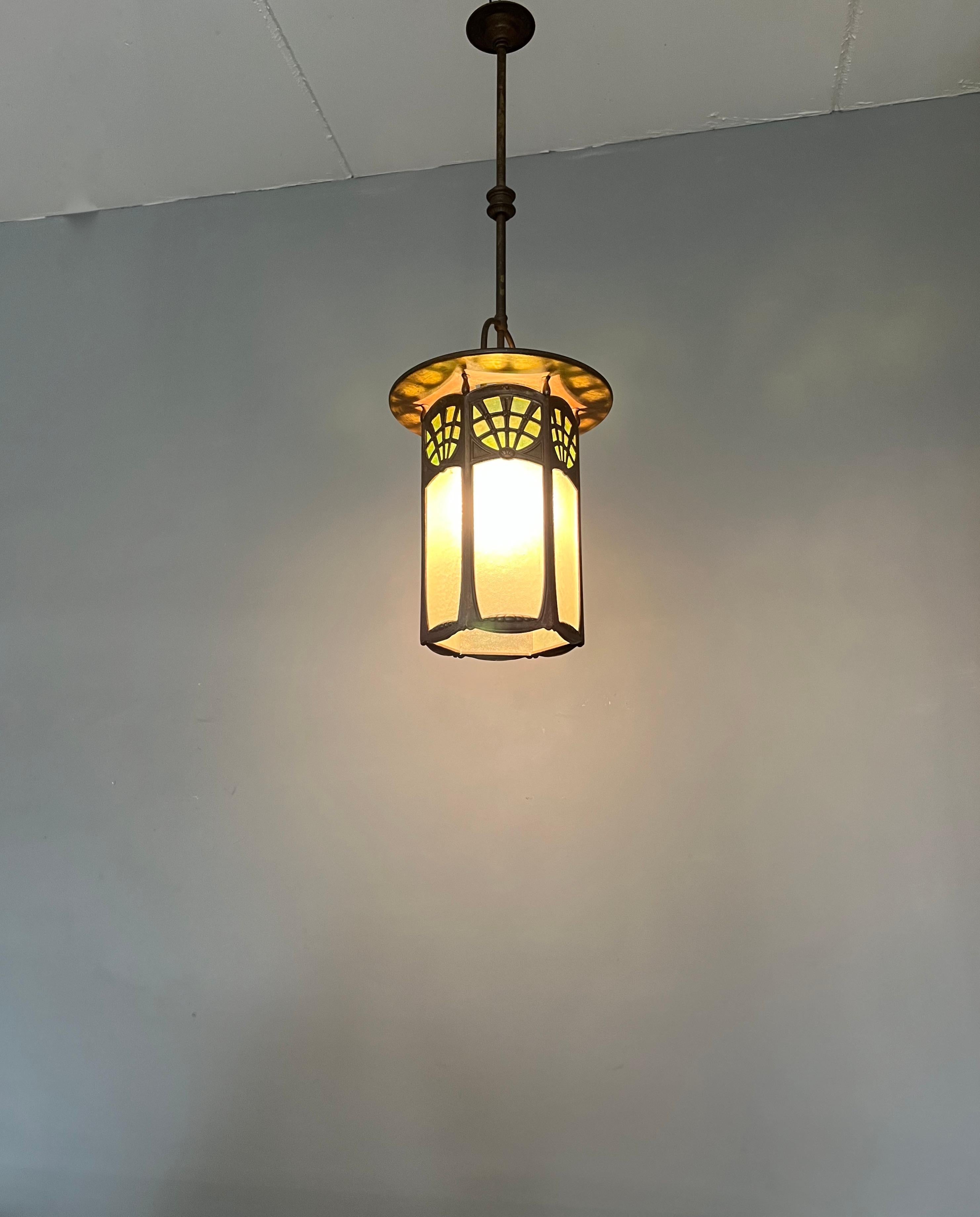 All Original Arts & Crafts Lantern Shape Pendant with Two Colors Cathedral Glass 9