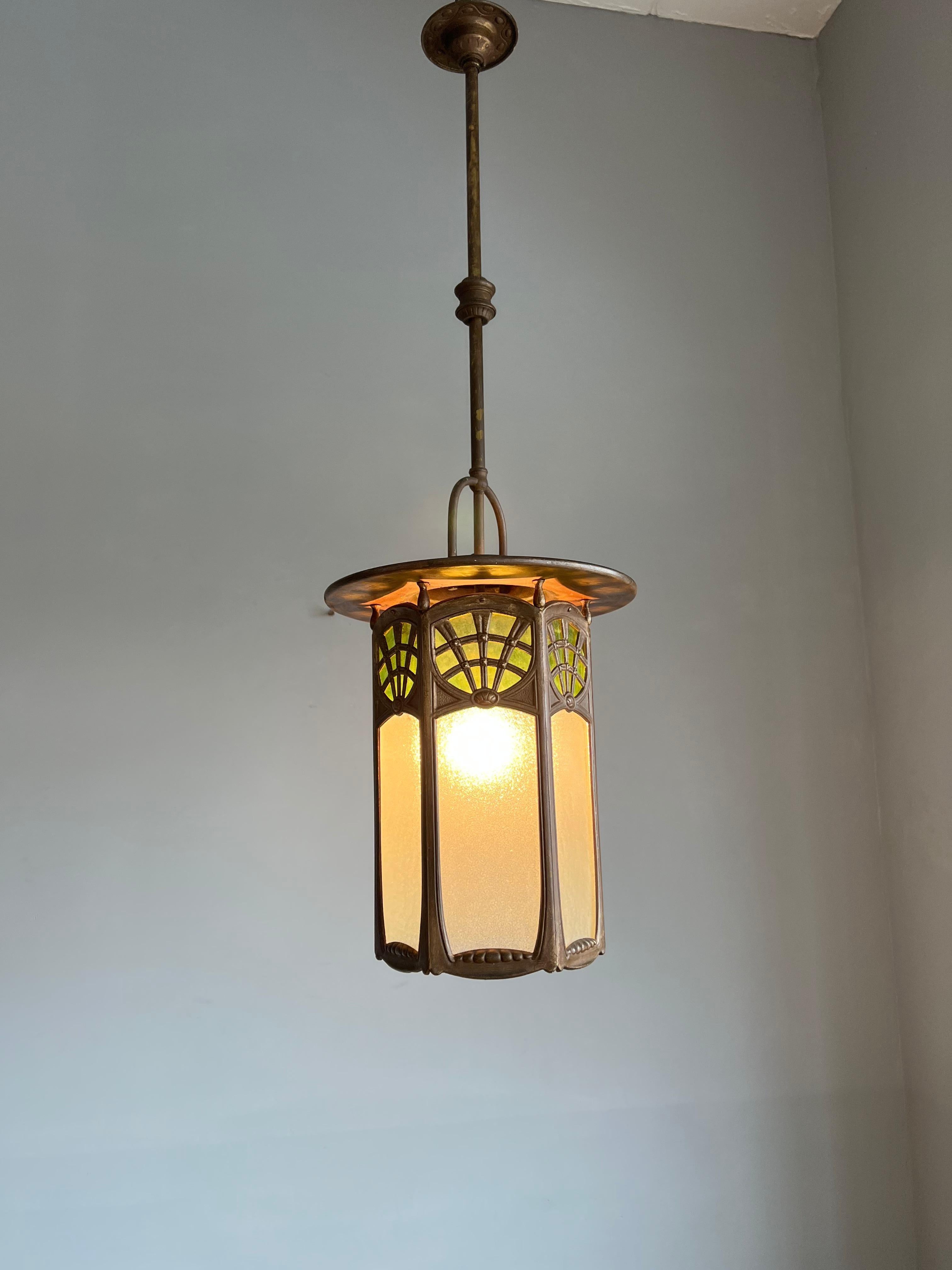 All Original Arts & Crafts Lantern Shape Pendant with Two Colors Cathedral Glass 10