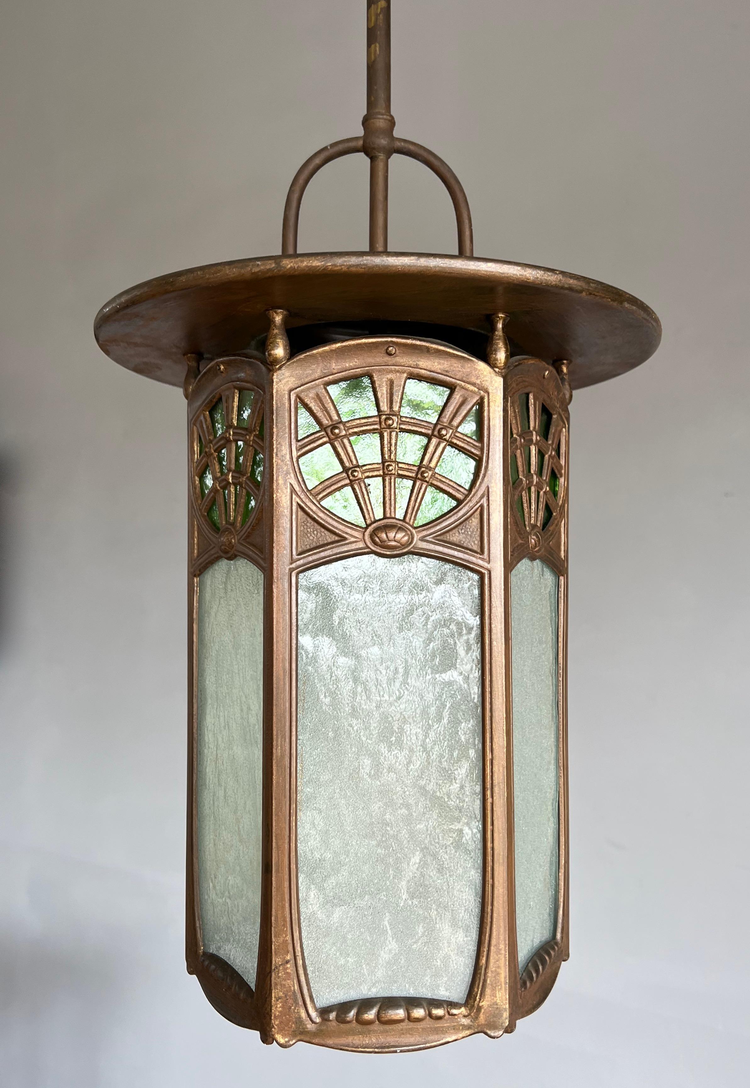 European All Original Arts & Crafts Lantern Shape Pendant with Two Colors Cathedral Glass