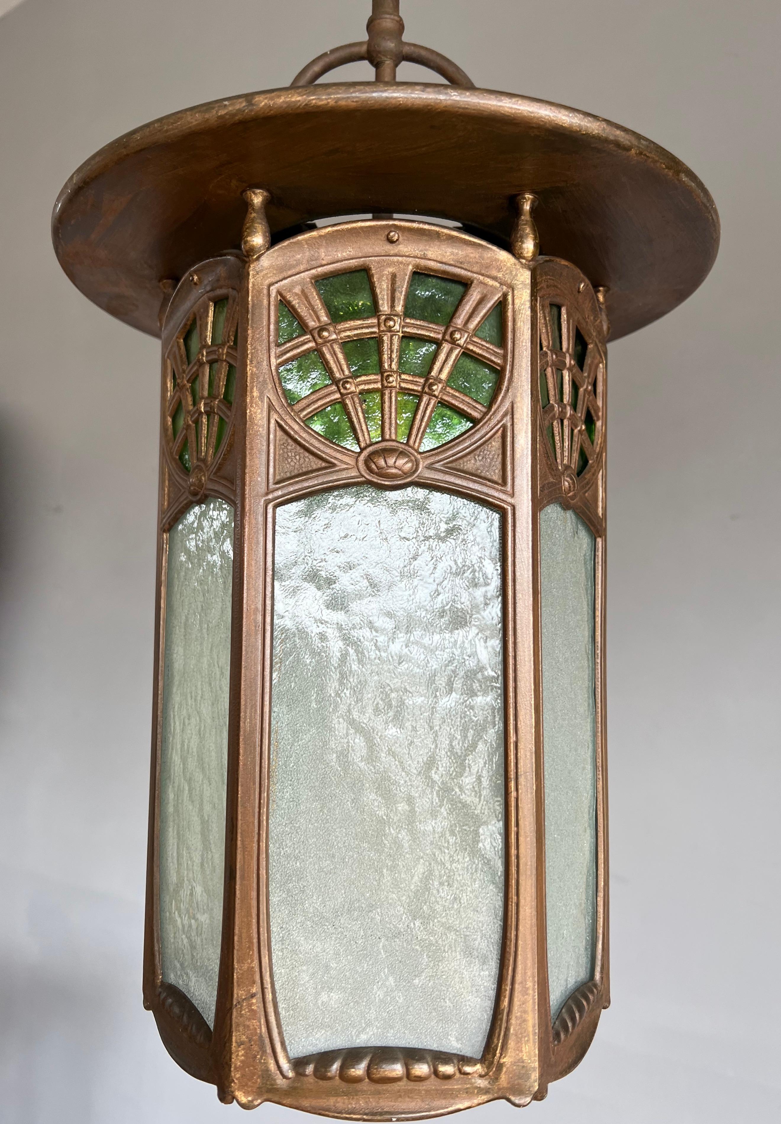 Hand-Crafted All Original Arts & Crafts Lantern Shape Pendant with Two Colors Cathedral Glass