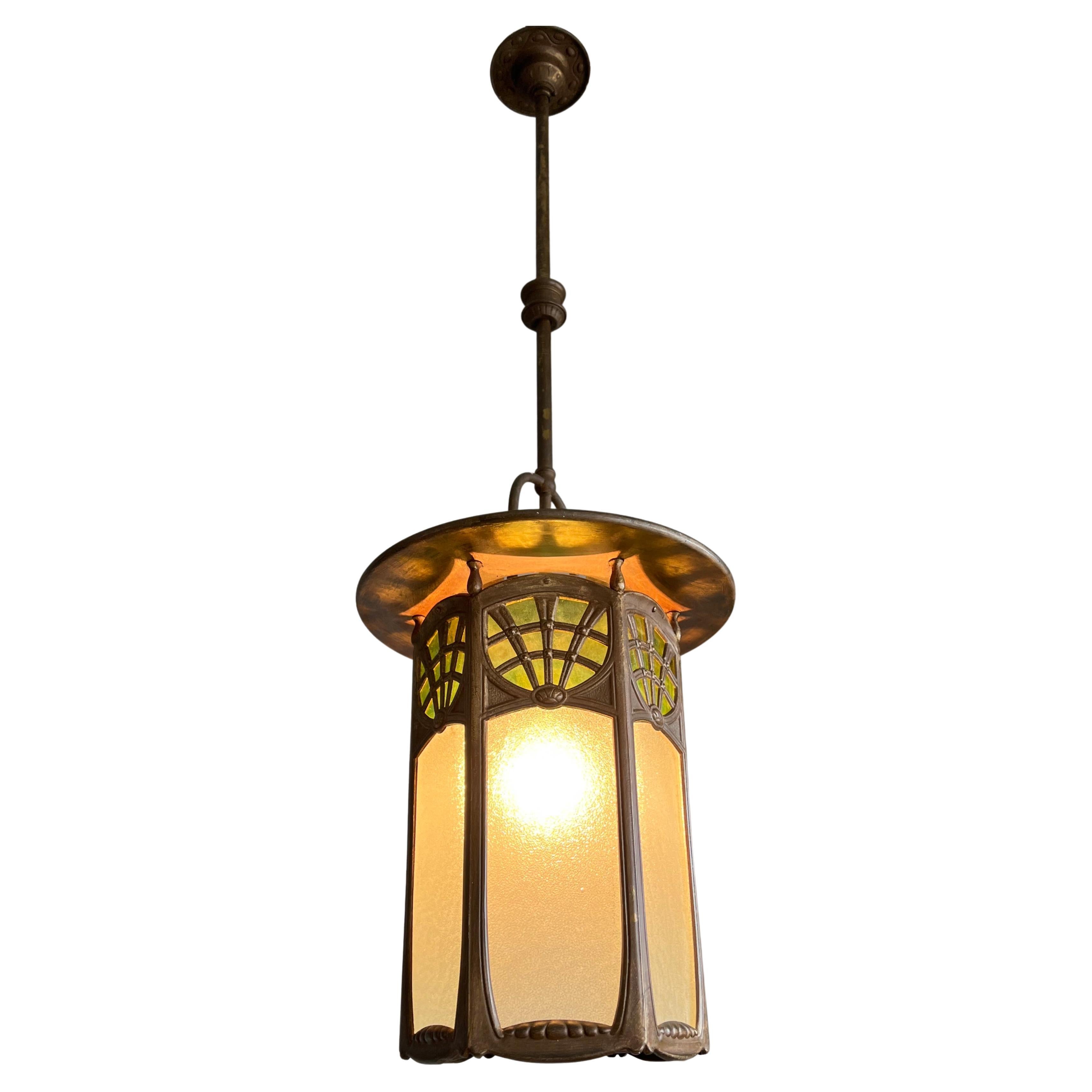 All Original Arts & Crafts Lantern Shape Pendant with Two Colors Cathedral Glass