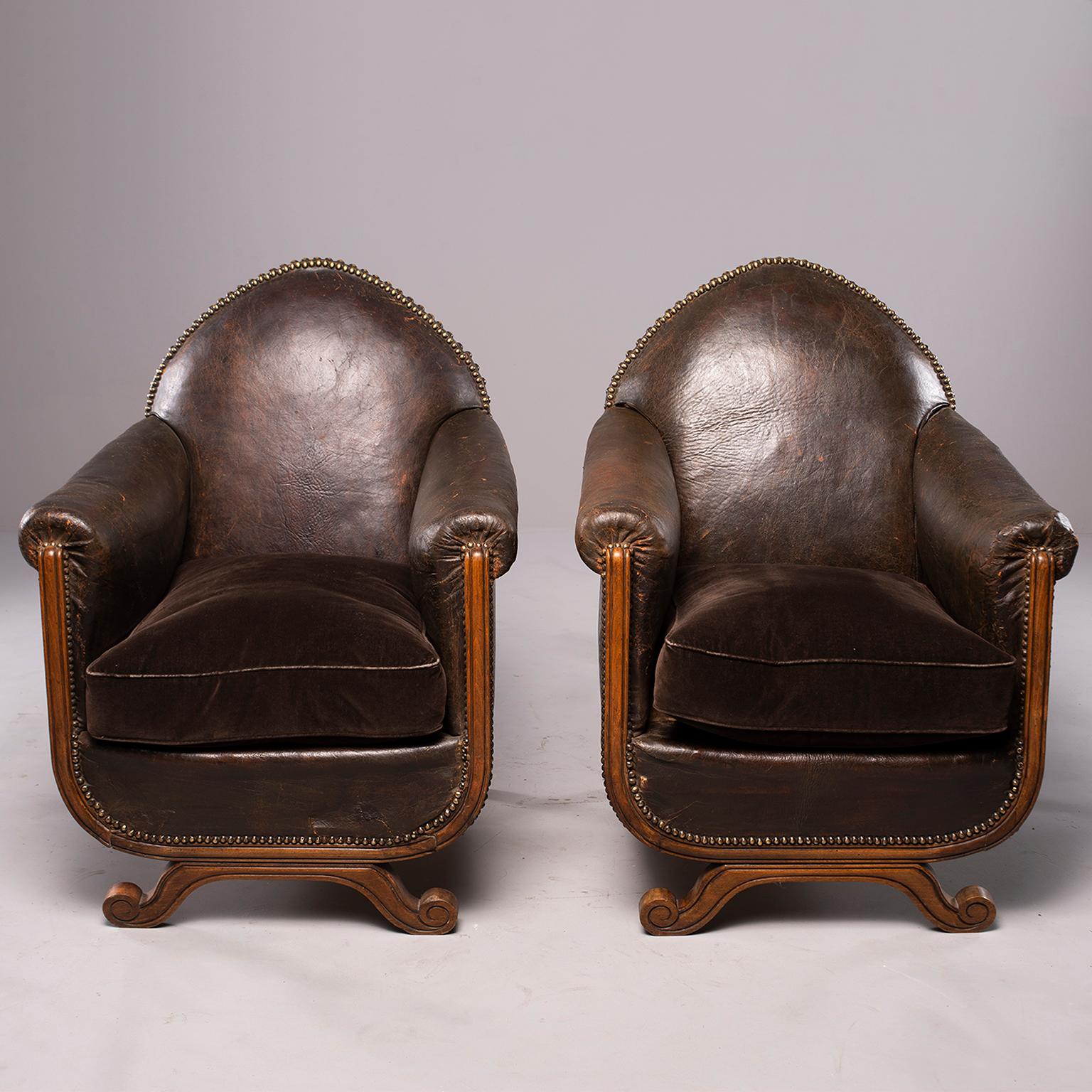 All Original French Art Deco Leather Club Chairs with Velvet Cushions (Art déco)