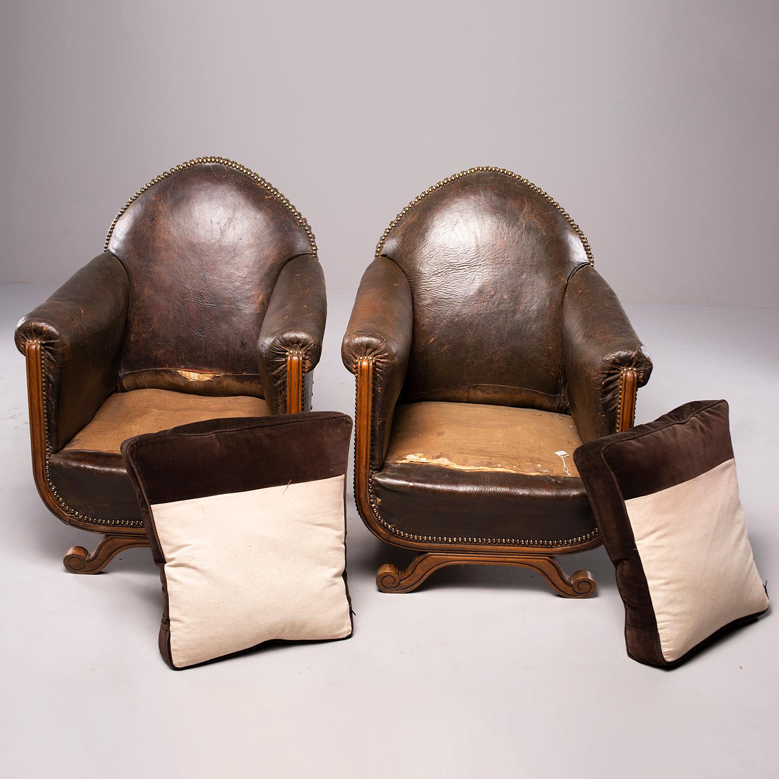 All Original French Art Deco Leather Club Chairs with Velvet Cushions In Good Condition In Troy, MI