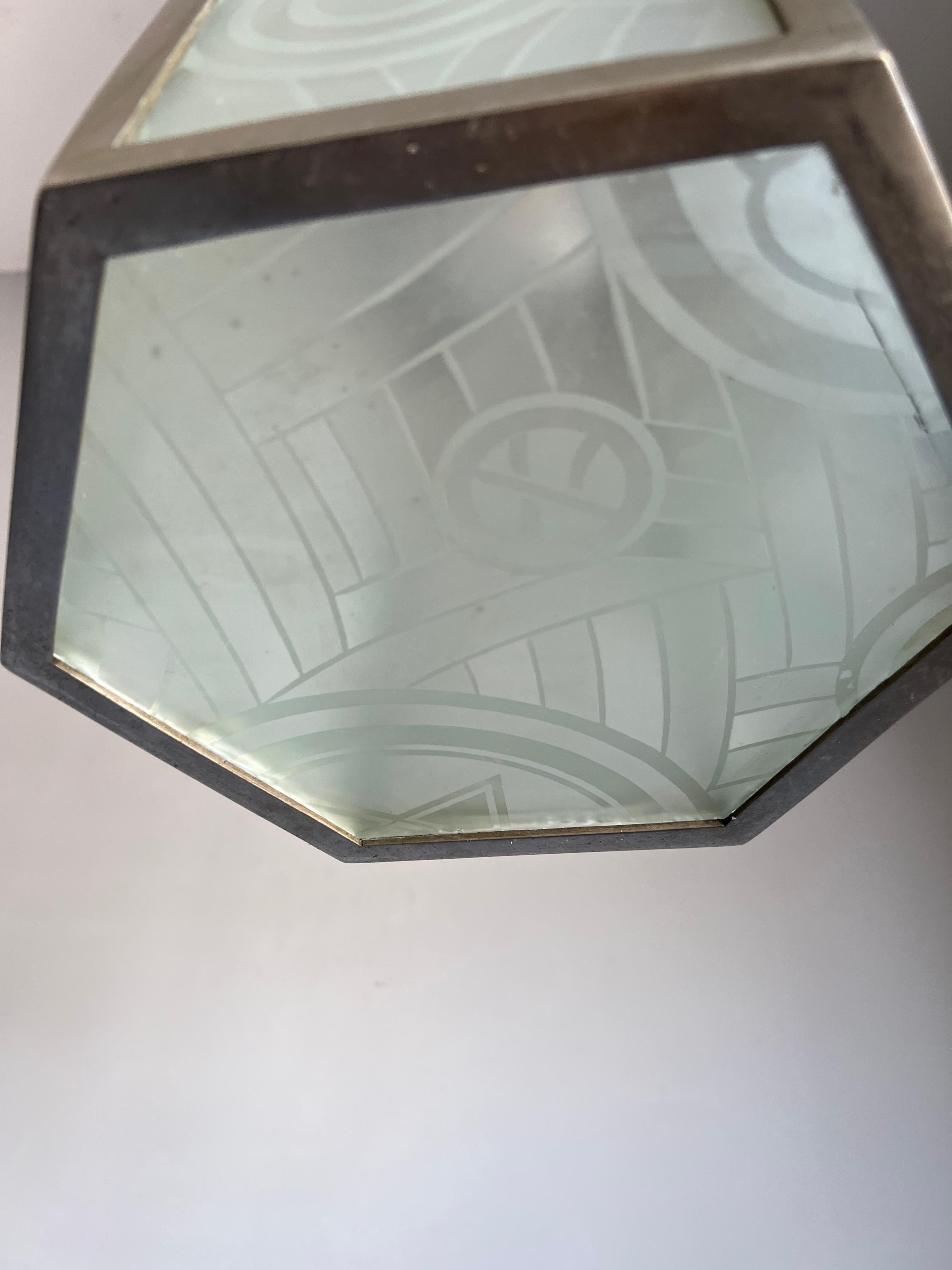 All Original Large Art Deco Lantern Shape Pendant Light w Rare Art Glass Windows For Sale 4