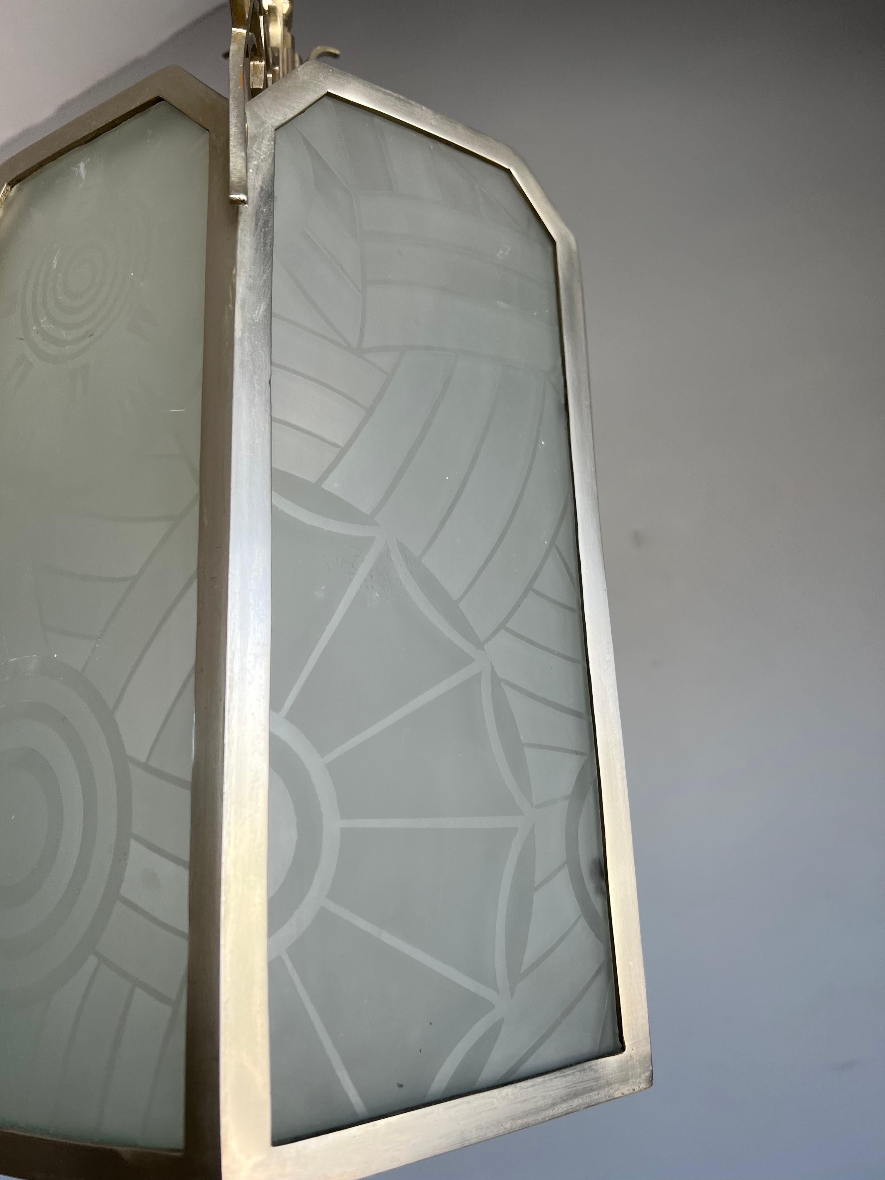 All Original Large Art Deco Lantern Shape Pendant Light w Rare Art Glass Windows For Sale 5