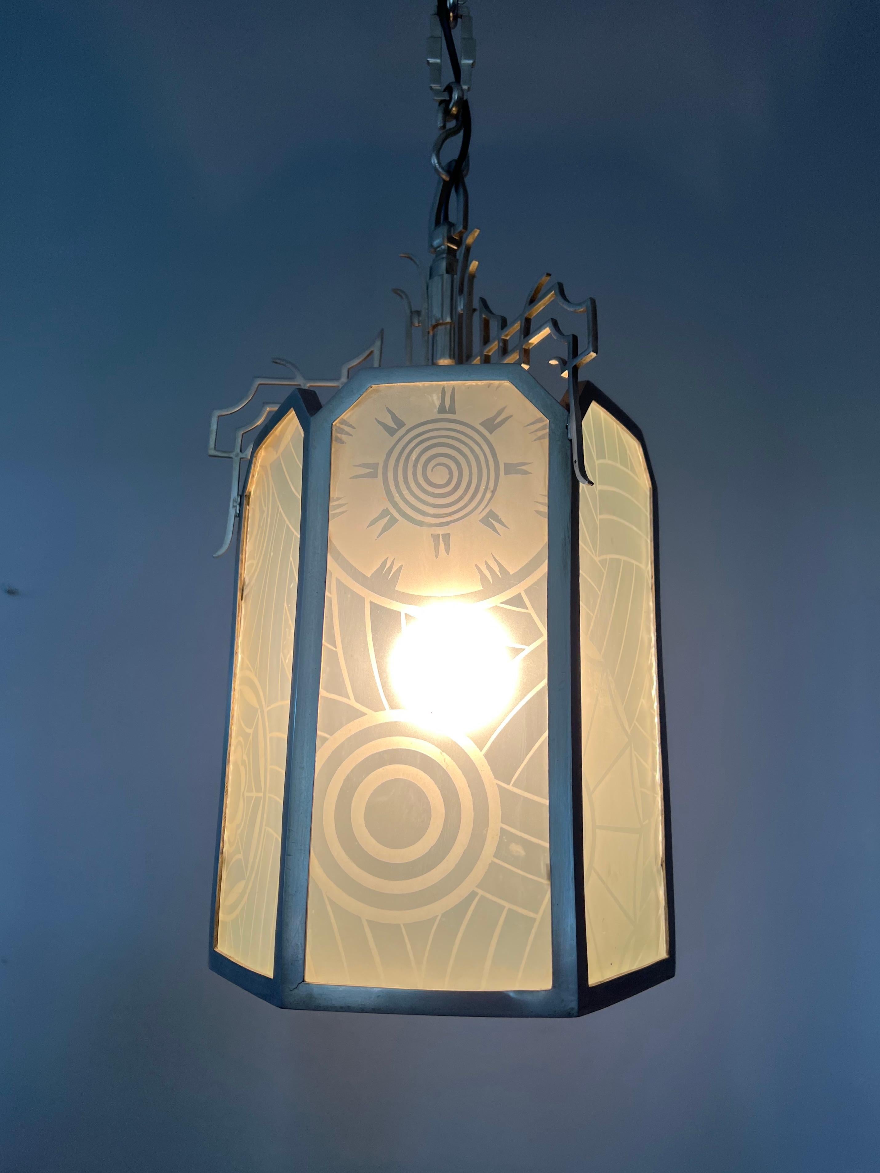 All Original Large Art Deco Lantern Shape Pendant Light w Rare Art Glass Windows For Sale 6