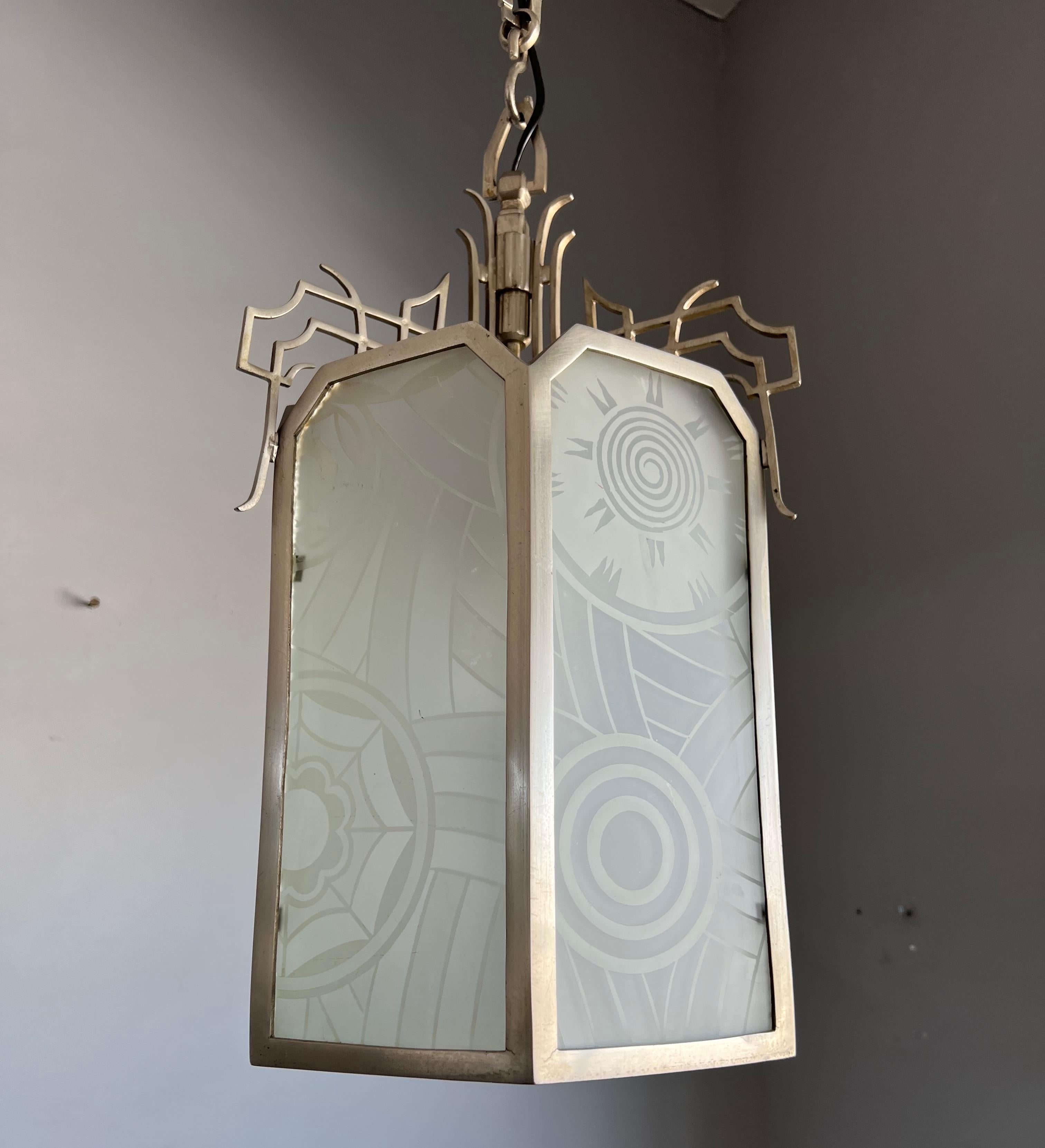 All Original Large Art Deco Lantern Shape Pendant Light w Rare Art Glass Windows For Sale 7