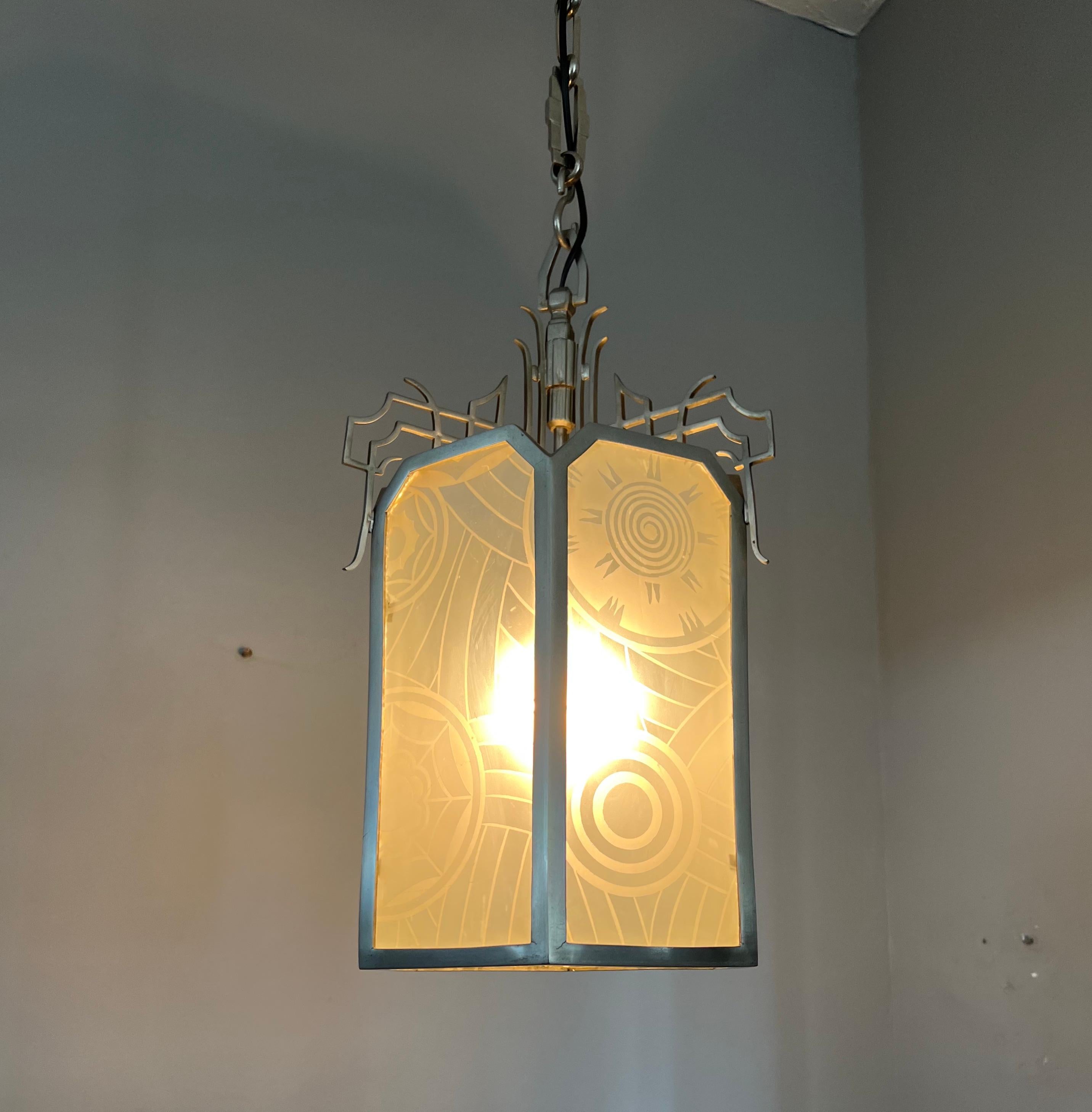 All Original Large Art Deco Lantern Shape Pendant Light w Rare Art Glass Windows For Sale 9