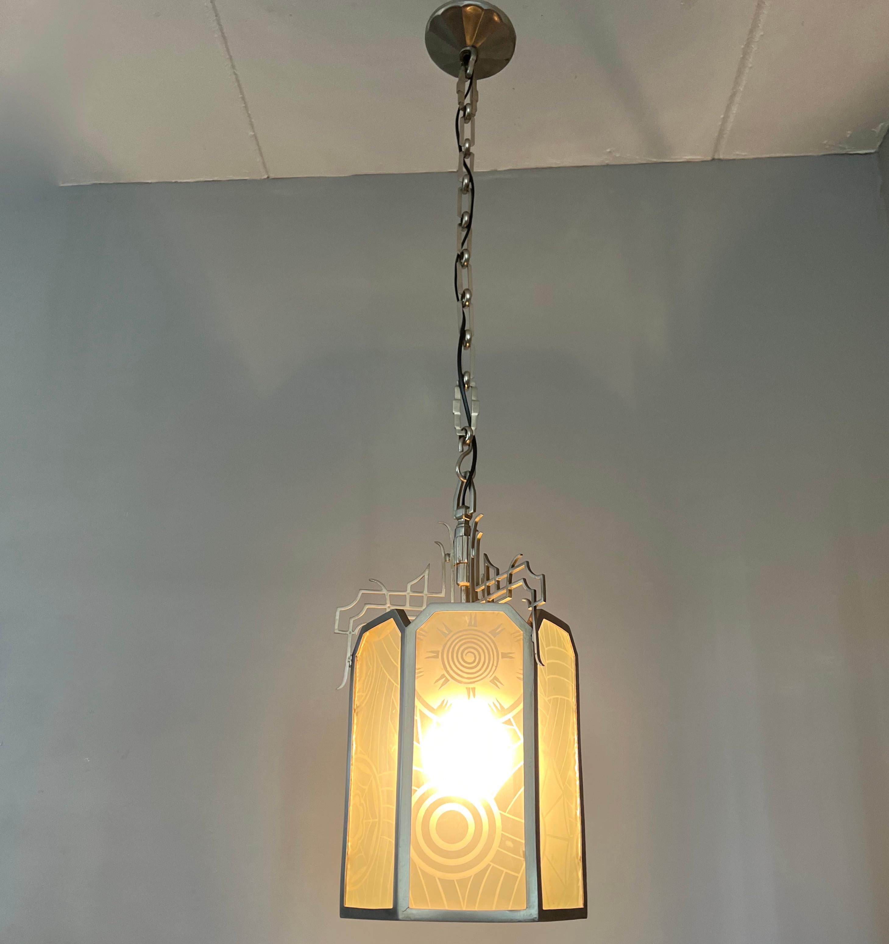 All Original Large Art Deco Lantern Shape Pendant Light w Rare Art Glass Windows For Sale 10