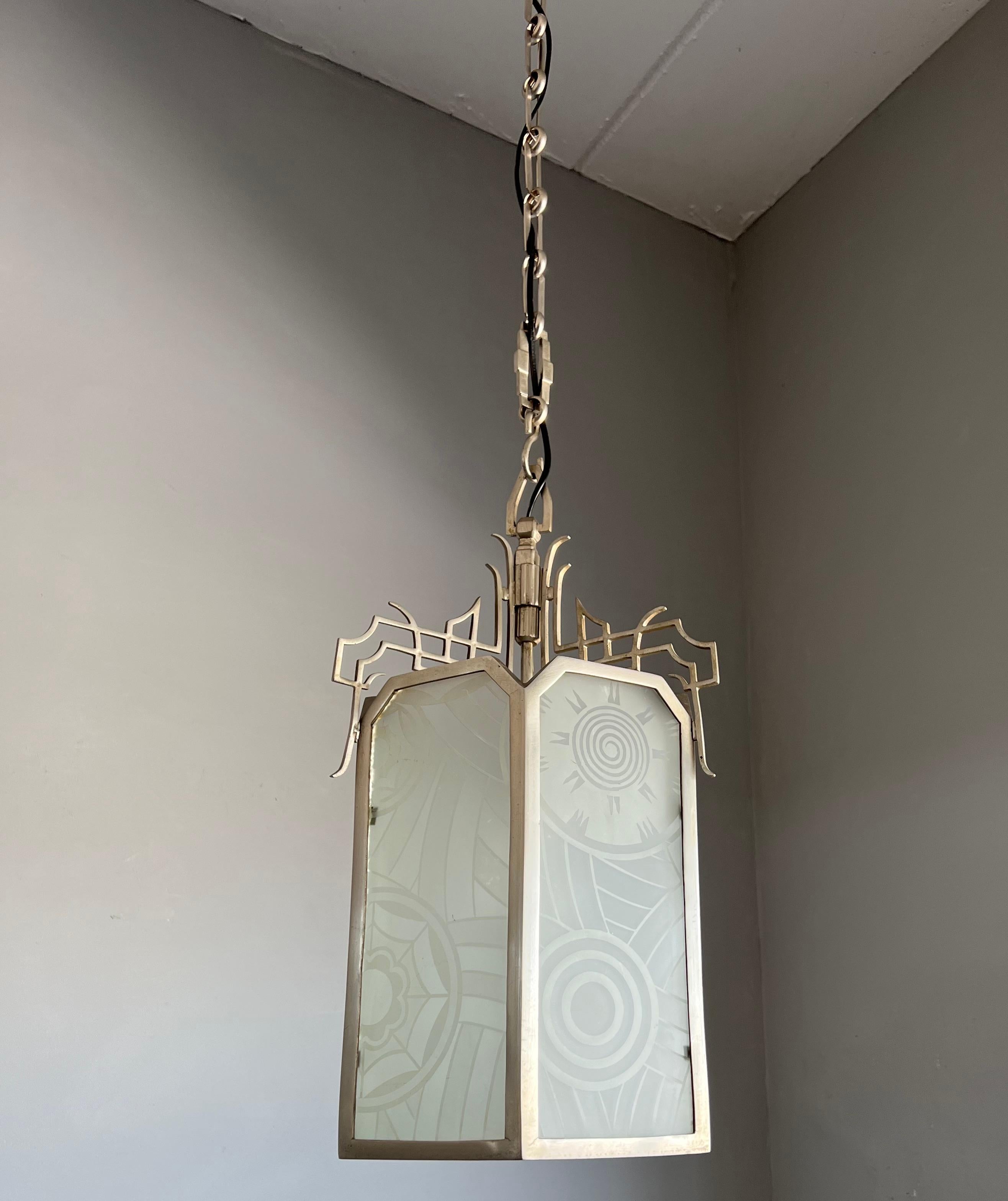 All Original Large Art Deco Lantern Shape Pendant Light w Rare Art Glass Windows For Sale 11