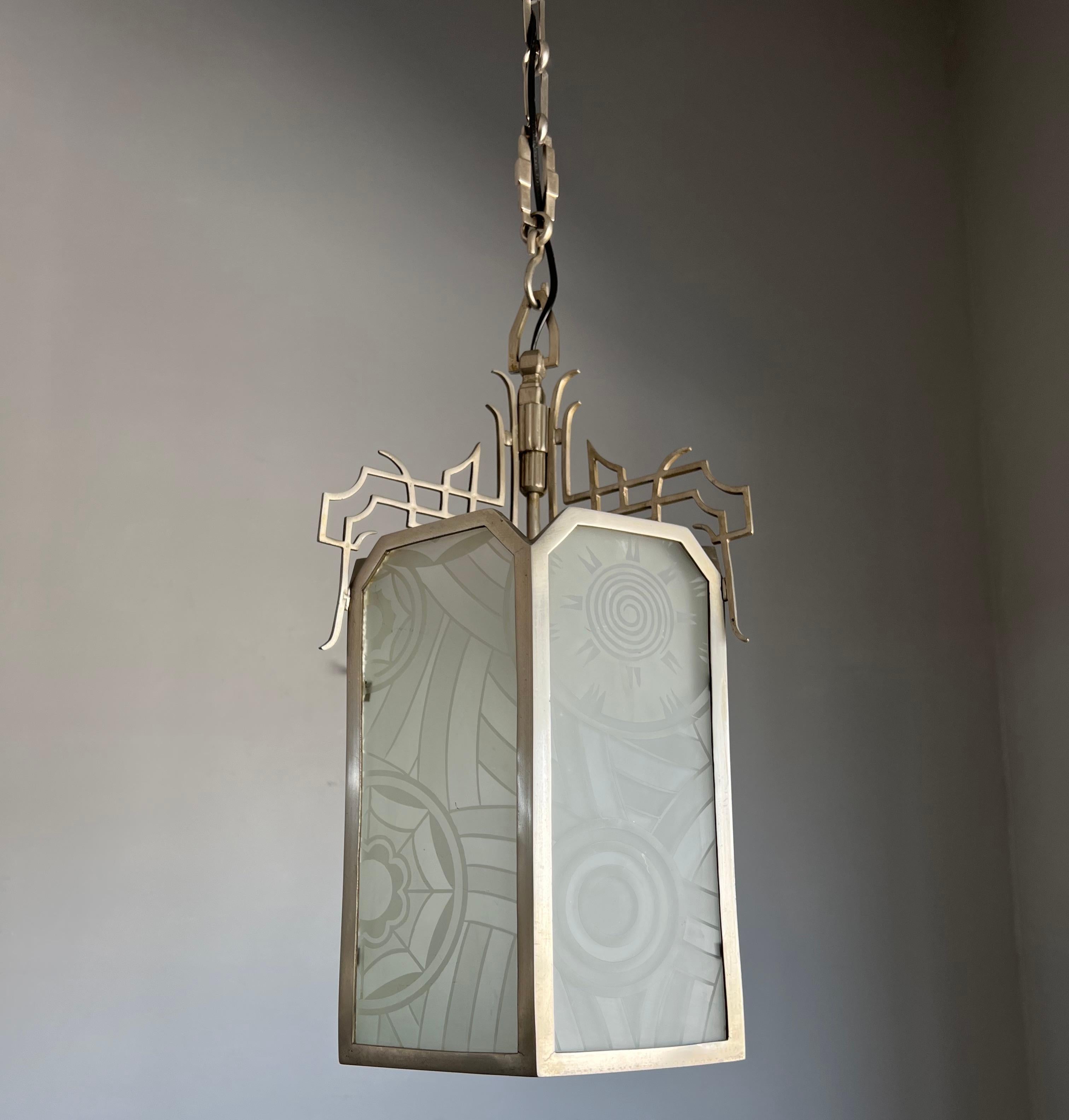 All Original Large Art Deco Lantern Shape Pendant Light w Rare Art Glass Windows For Sale 12