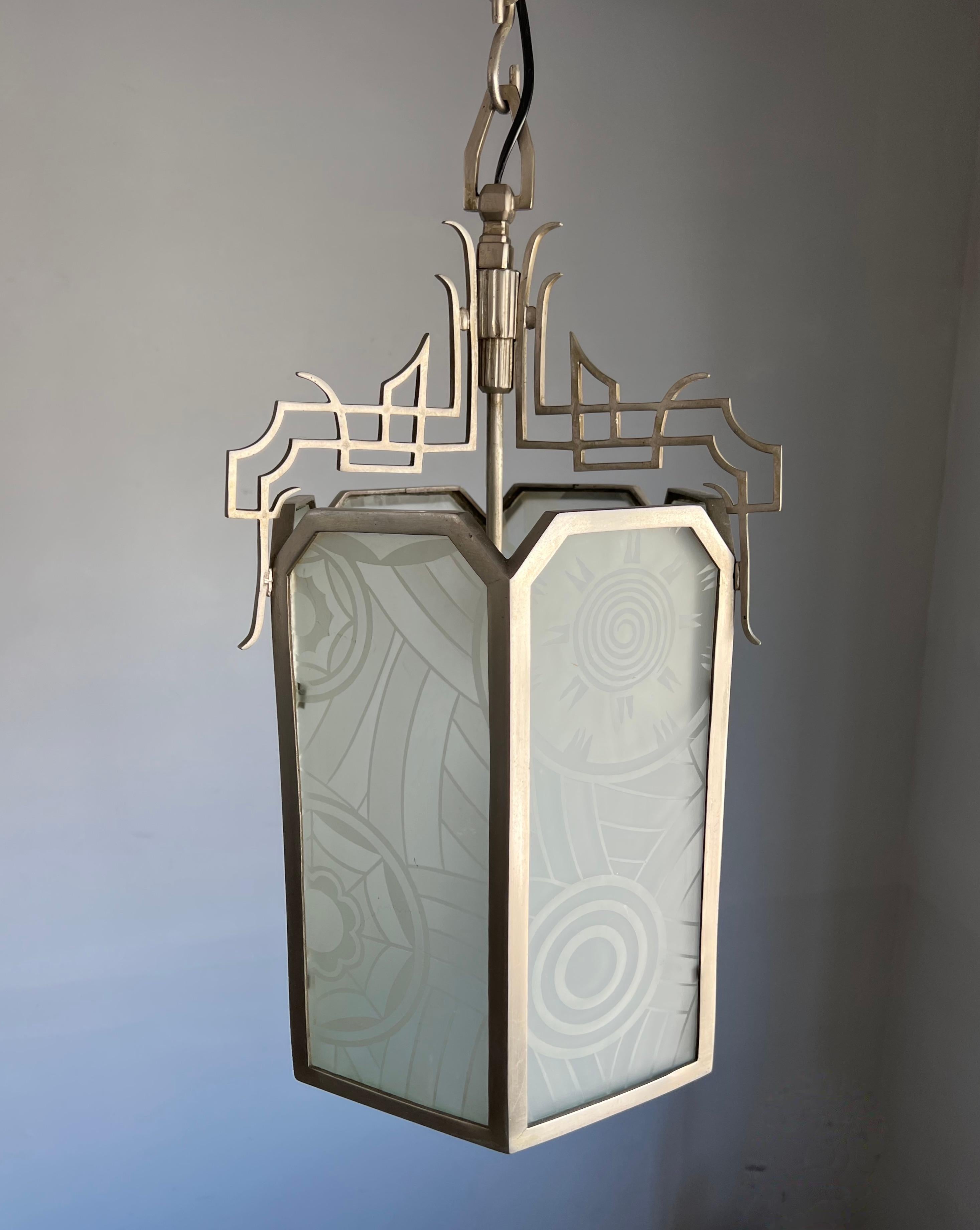 All Original Large Art Deco Lantern Shape Pendant Light w Rare Art Glass Windows For Sale 13