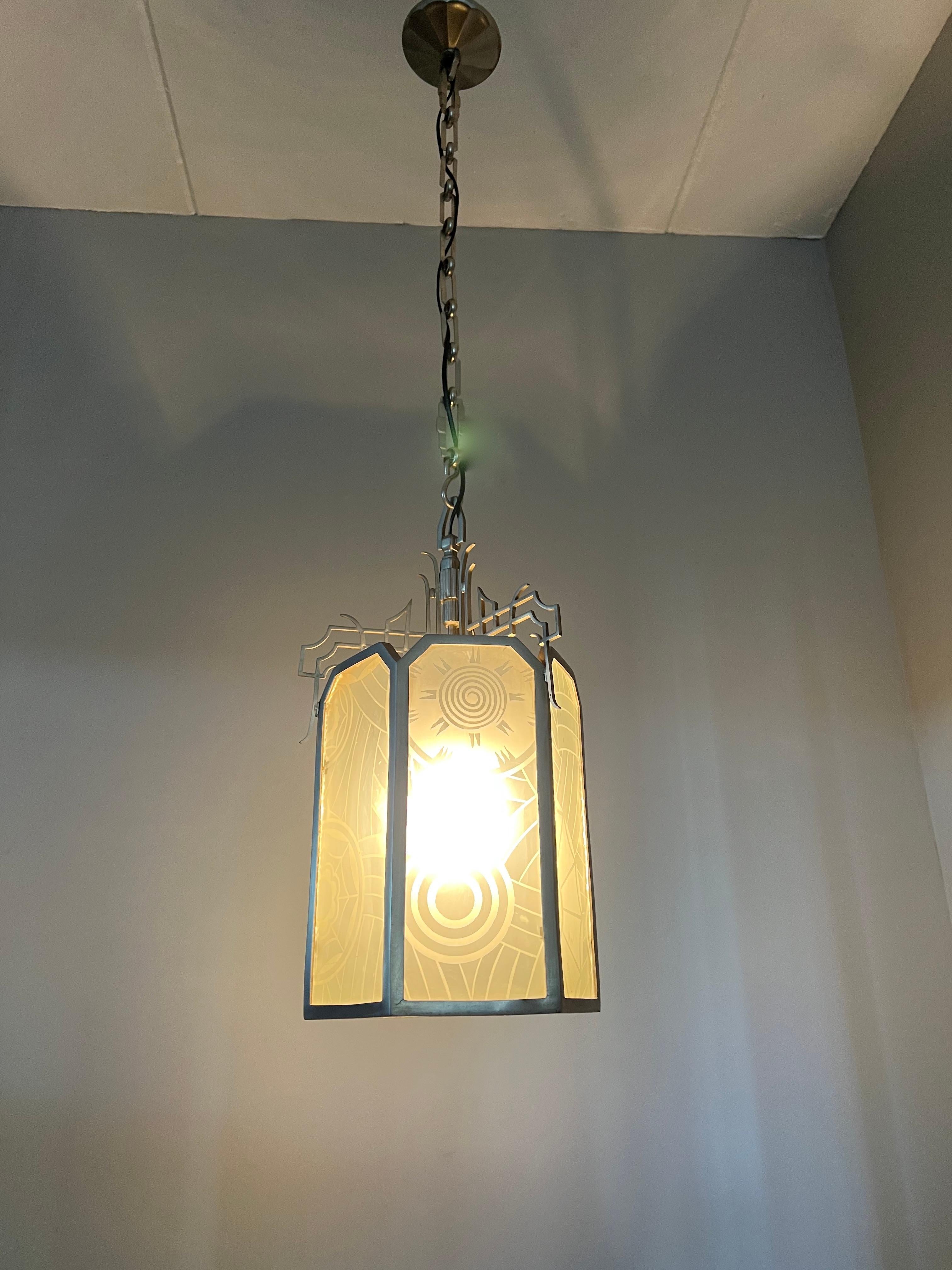 European All Original Large Art Deco Lantern Shape Pendant Light w Rare Art Glass Windows For Sale
