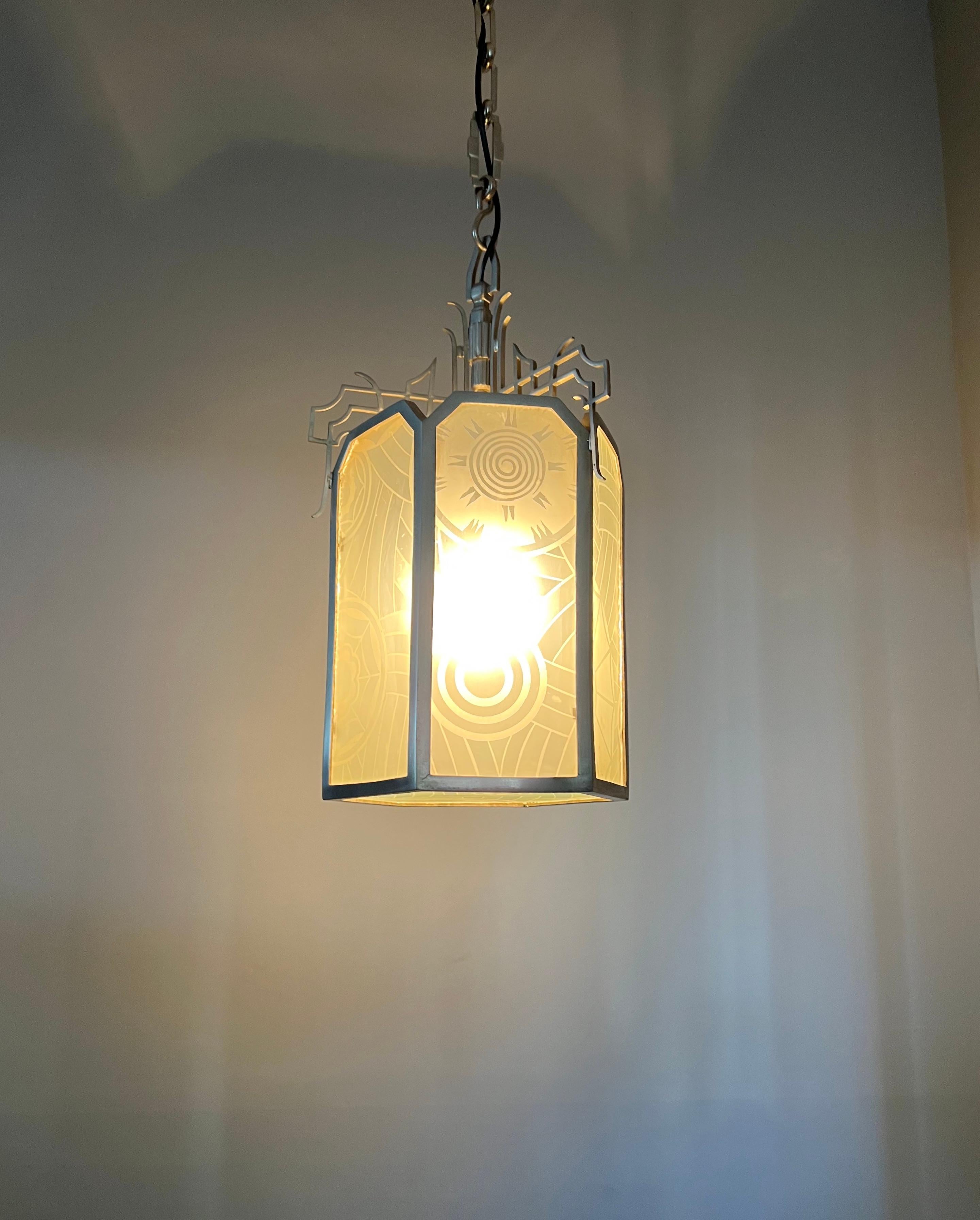 Cast All Original Large Art Deco Lantern Shape Pendant Light w Rare Art Glass Windows For Sale