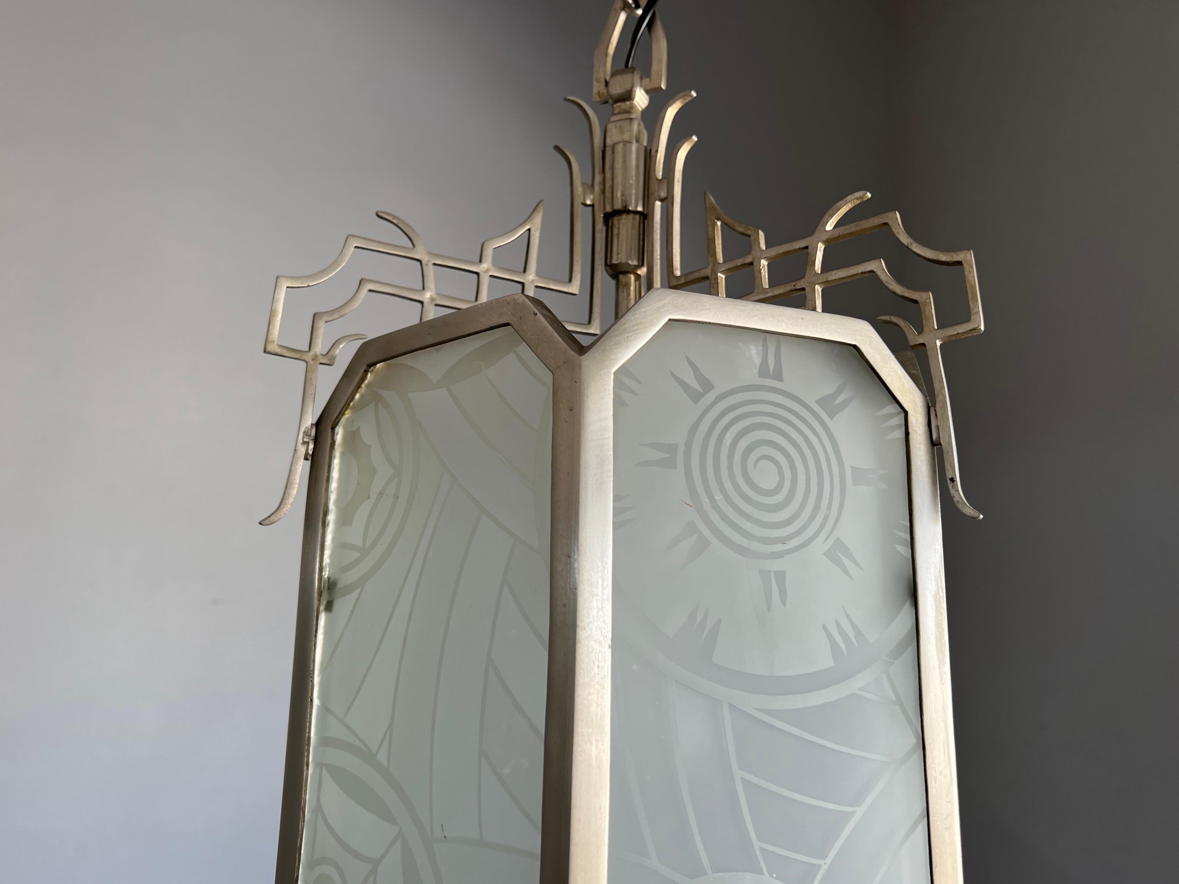 20th Century All Original Large Art Deco Lantern Shape Pendant Light w Rare Art Glass Windows For Sale