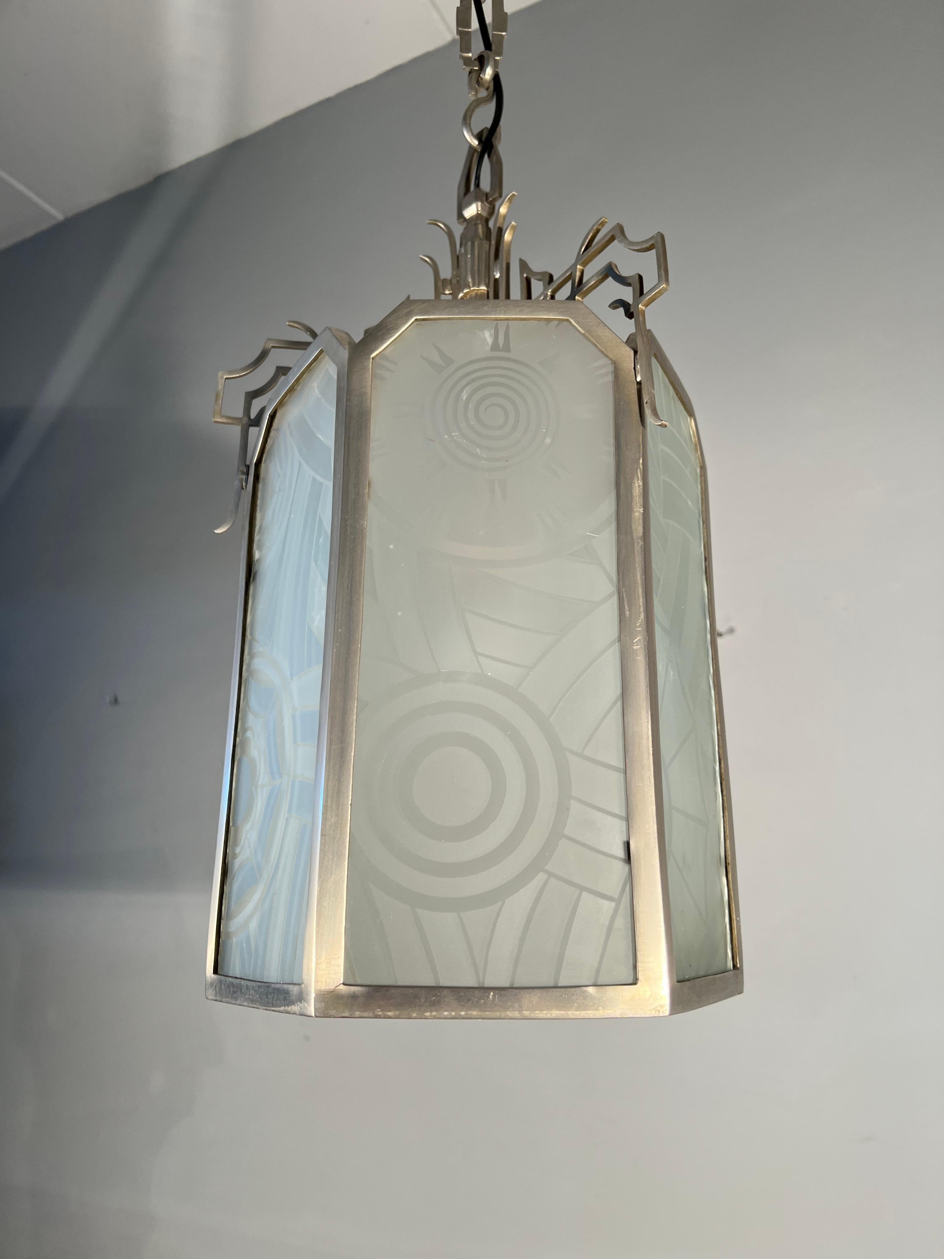 All Original Large Art Deco Lantern Shape Pendant Light w Rare Art Glass Windows For Sale 2