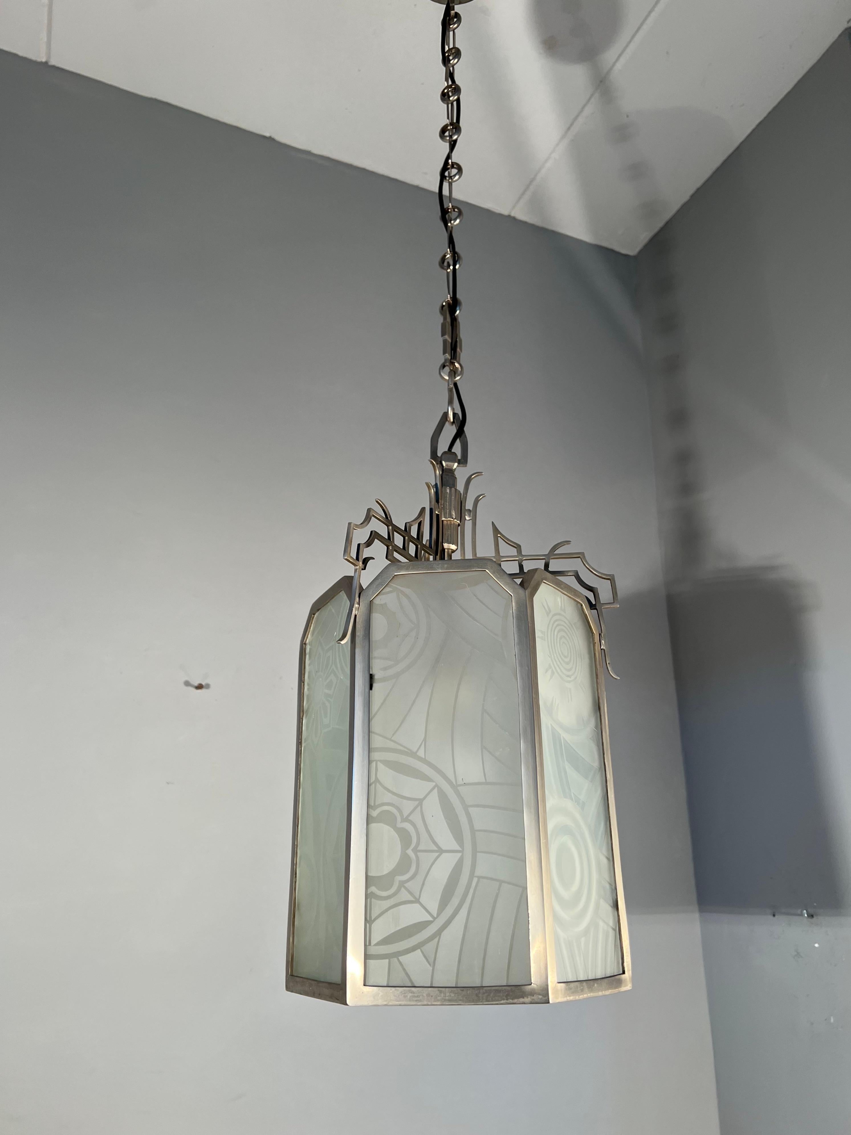 All Original Large Art Deco Lantern Shape Pendant Light w Rare Art Glass Windows For Sale 3