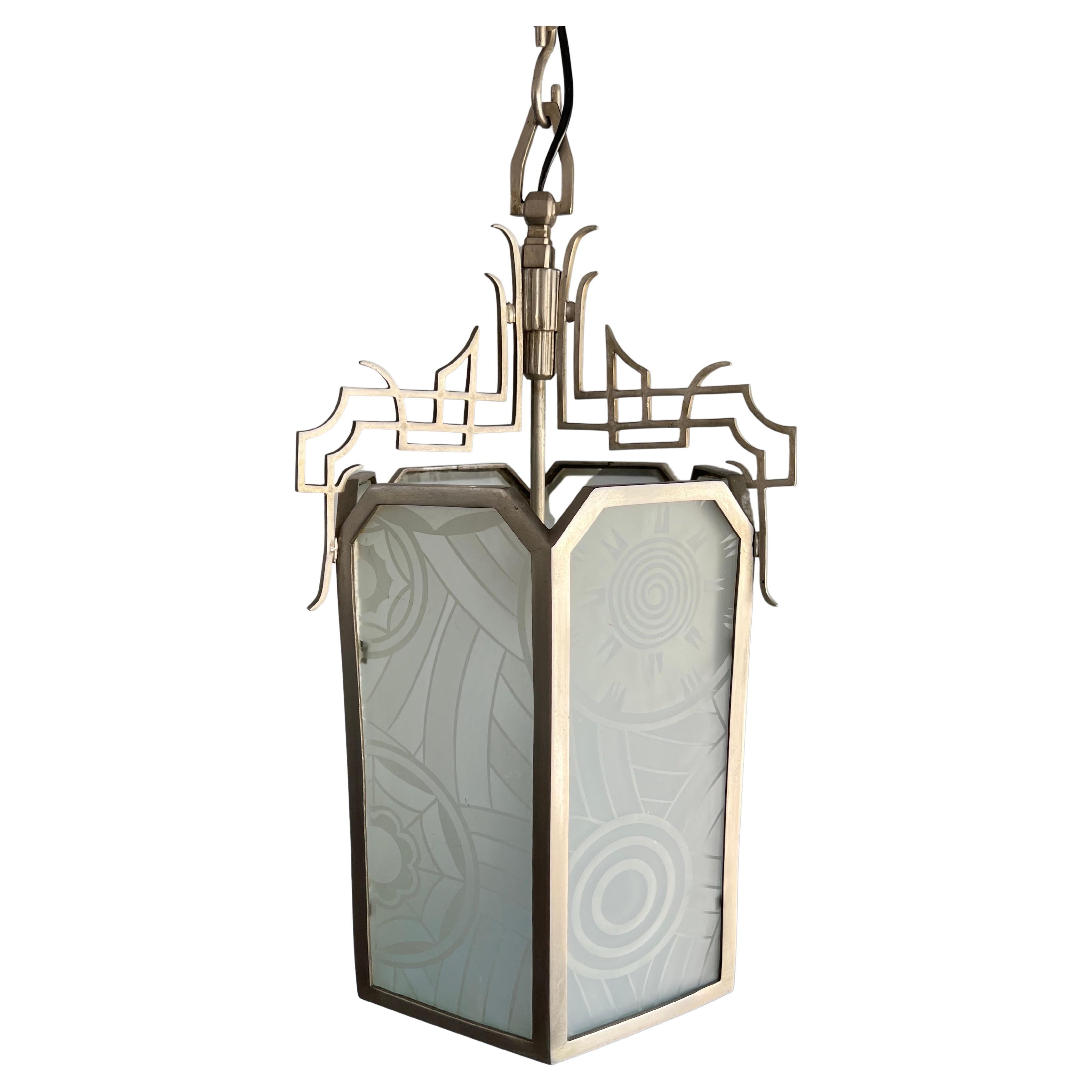 All Original Large Art Deco Lantern Shape Pendant Light w Rare Art Glass Windows For Sale