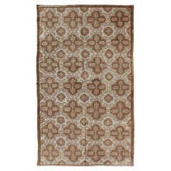 All-Over Blossom and Palmette Design Retro Turkish Oushak Rug in Brown Tones