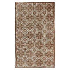 All-Over Blossom and Palmette Design Vintage Turkish Oushak Rug in Brown Tones