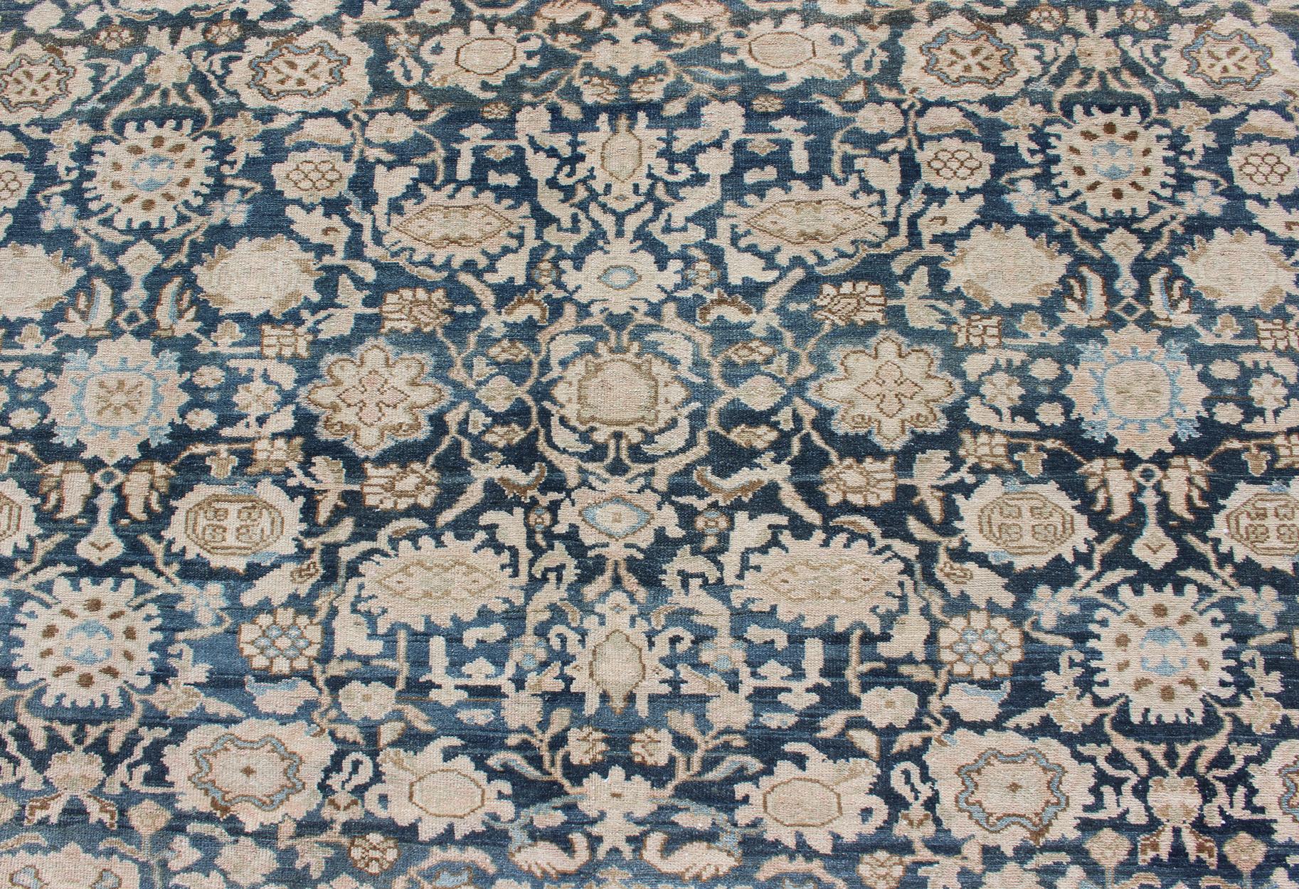 All-Over Blue Floral Persian Hamadan Rug in Navy Blue and Earthy Tones For Sale 2