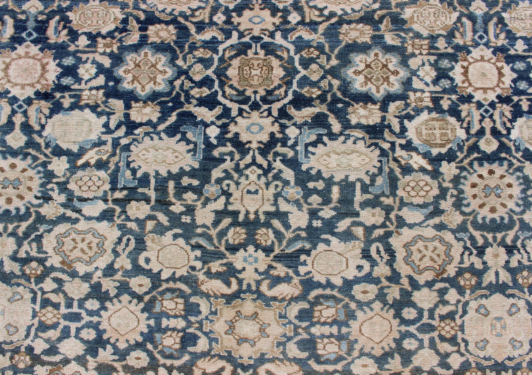 All-Over Blue Floral Persian Hamadan Rug in Navy Blue and Earthy Tones For Sale 3