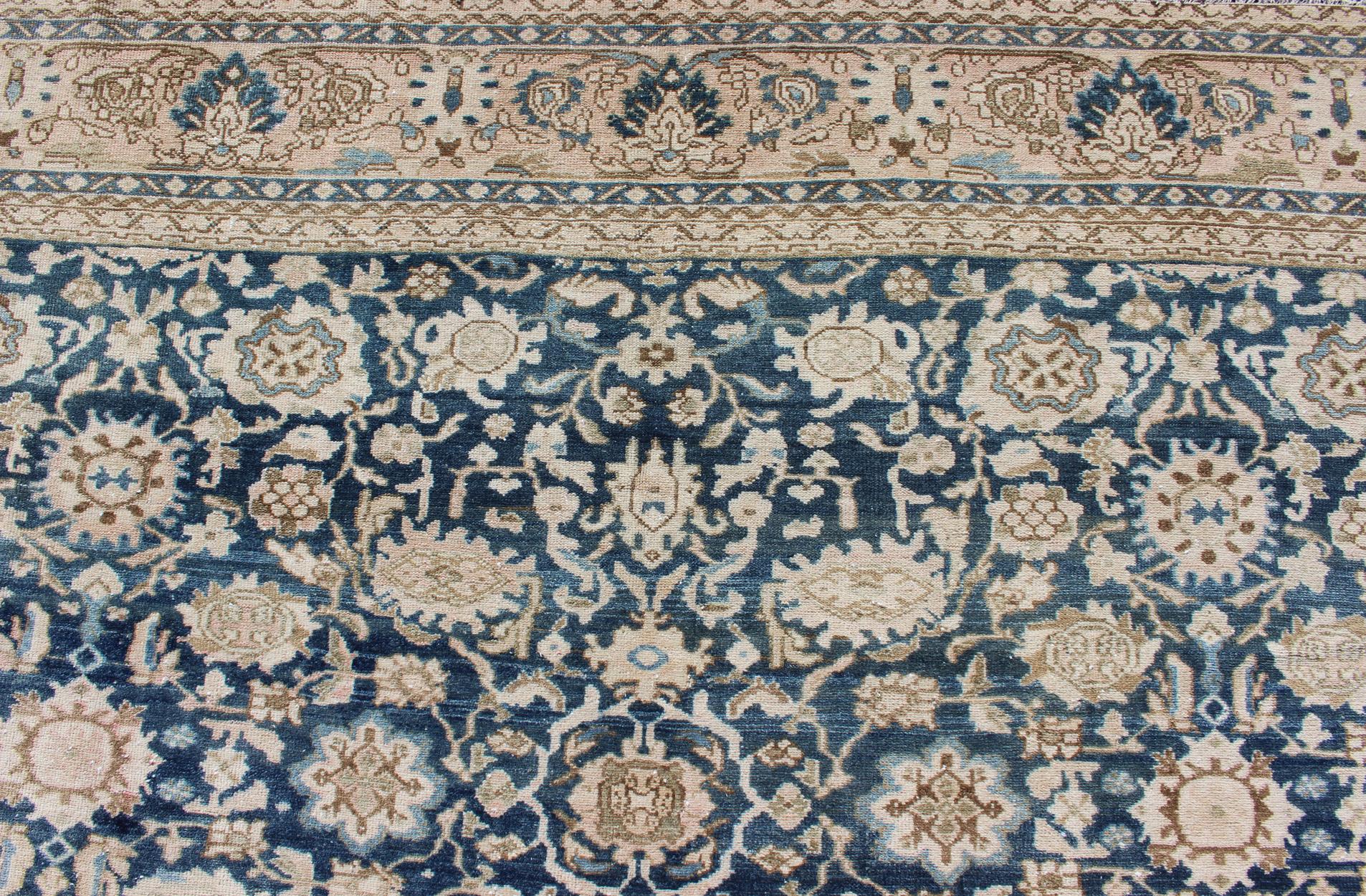 All-Over Blue Floral Persian Hamadan Rug in Navy Blue and Earthy Tones For Sale 4